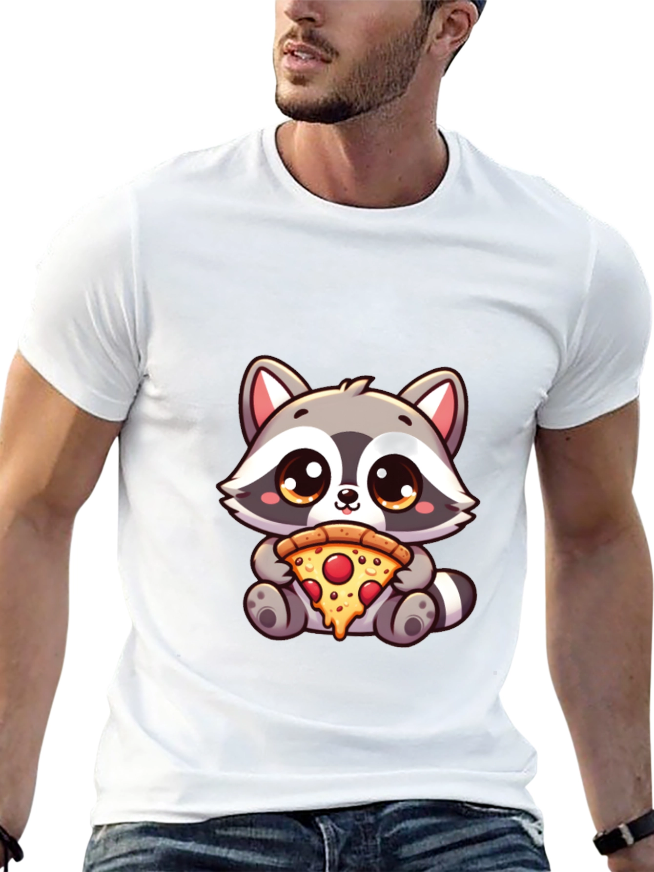 Black Cute Raccoon Pizza T-Shirt - Unisex Graphic Tee view 13