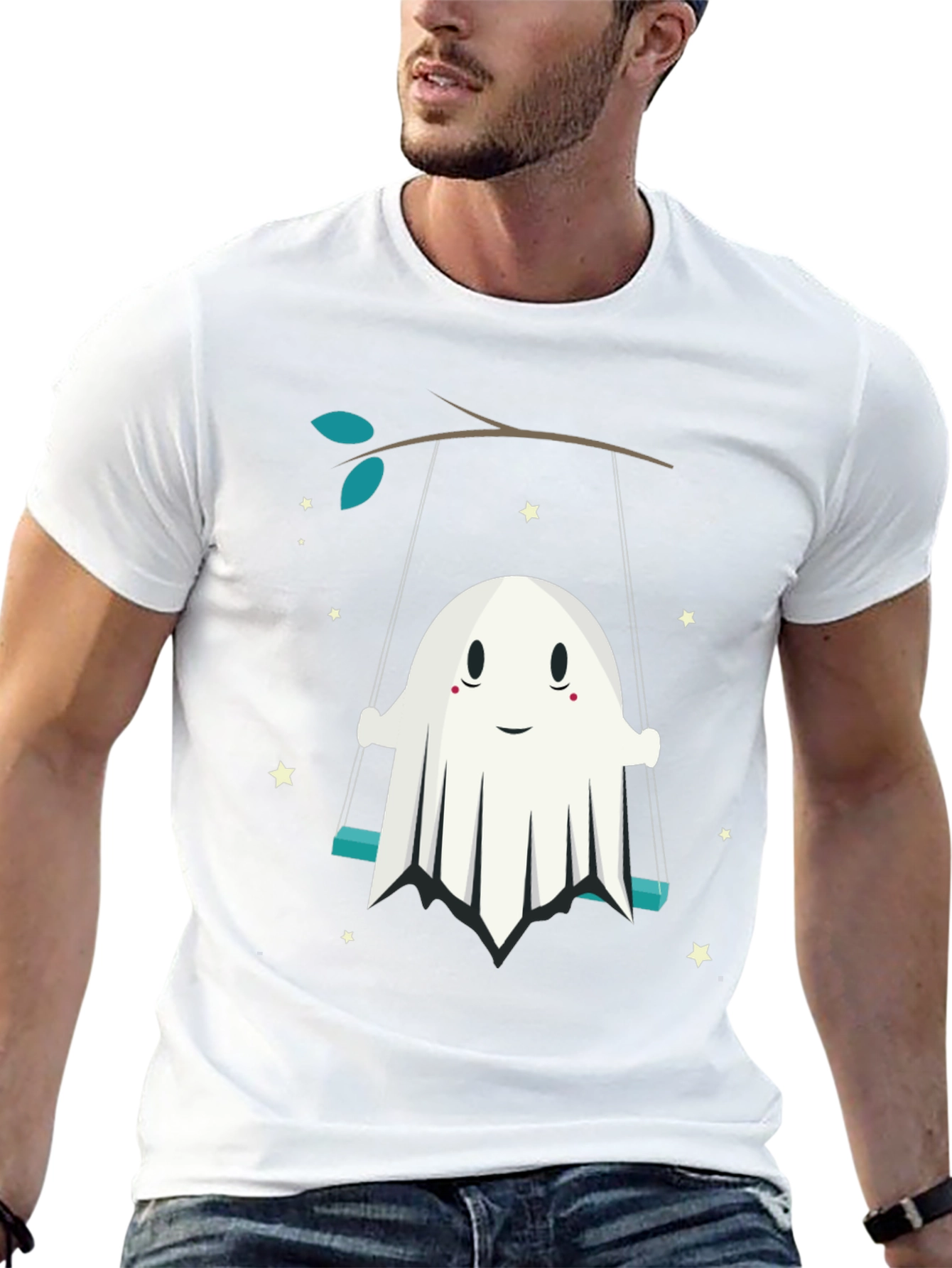 Black Cute Ghost on Swing Graphic Tee - Halloween Shirt view 13