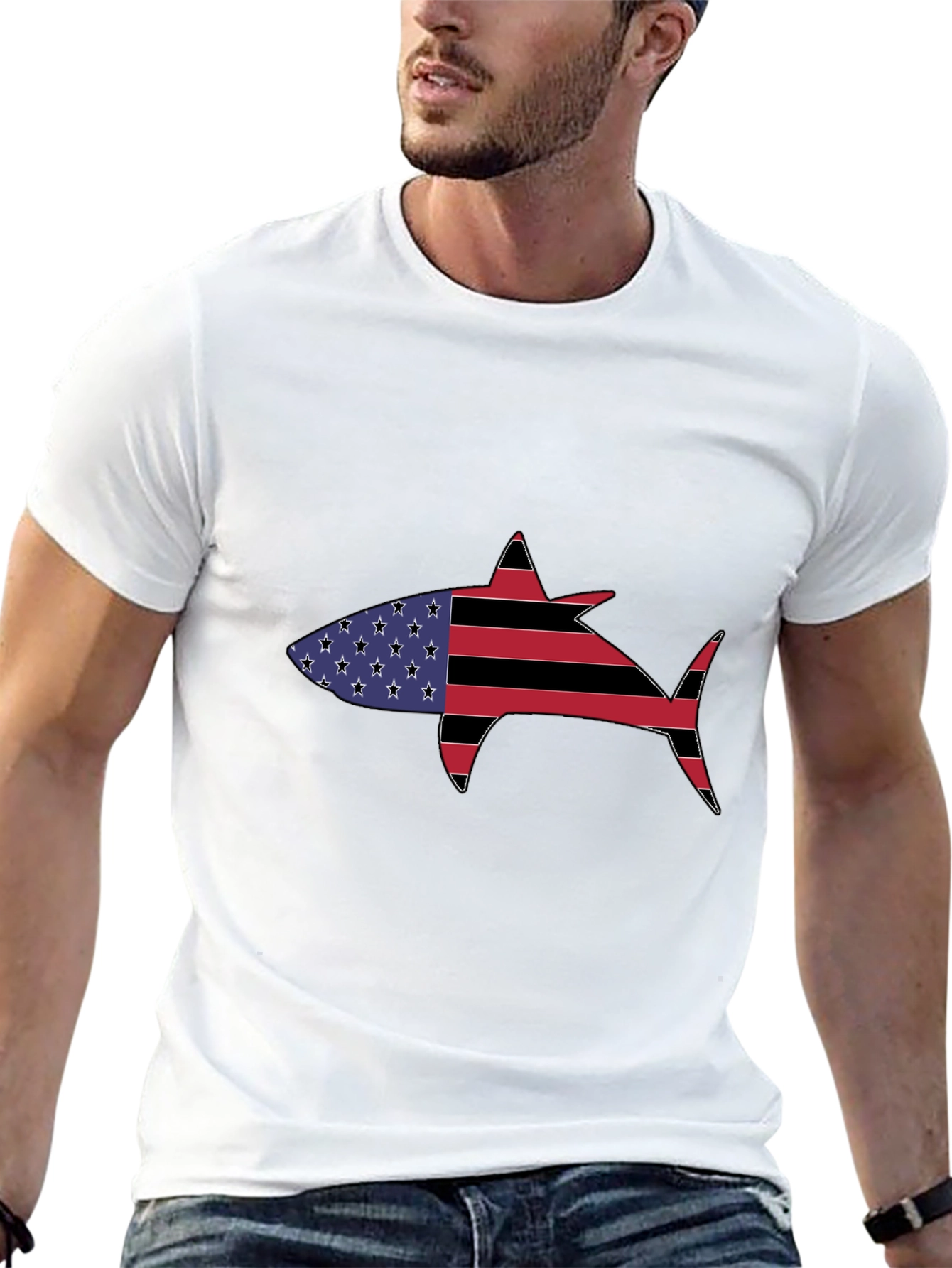 Black American Flag Shark Graphic T-Shirt view 13