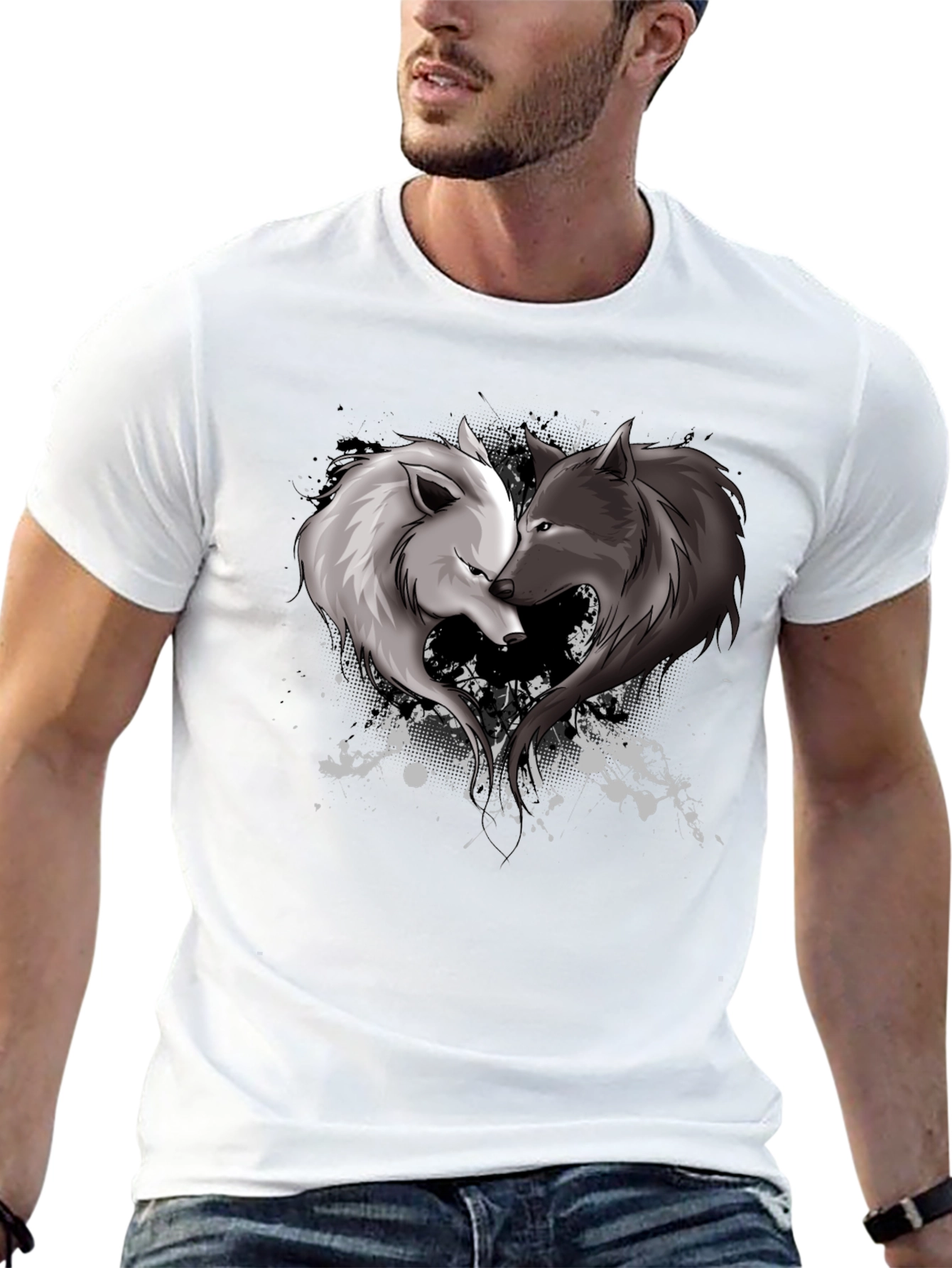 Black Yin Yang Wolves Heart Graphic T-Shirt view 13