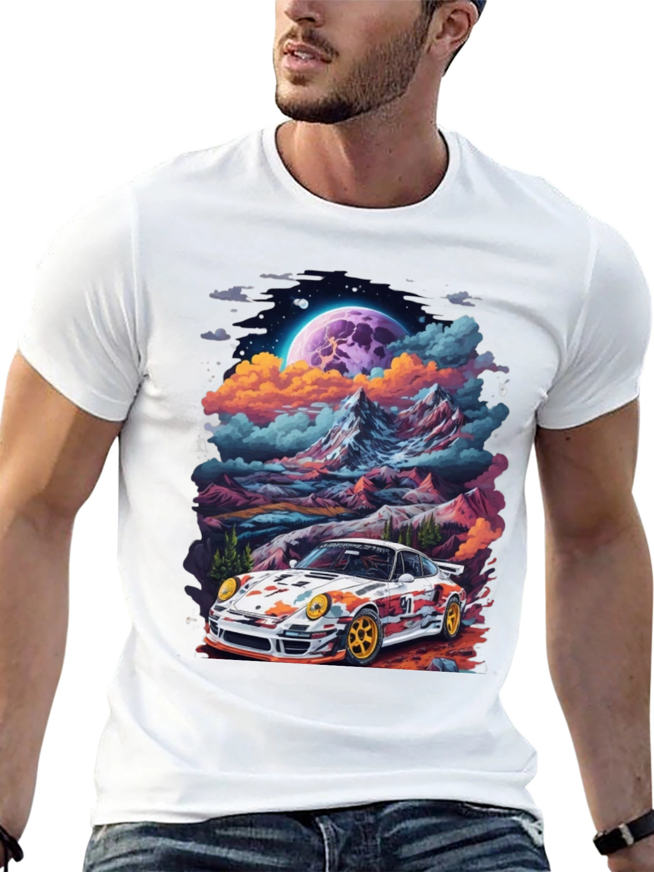 Black Retro Racer T-Shirt: Car & Mountain Design view 13
