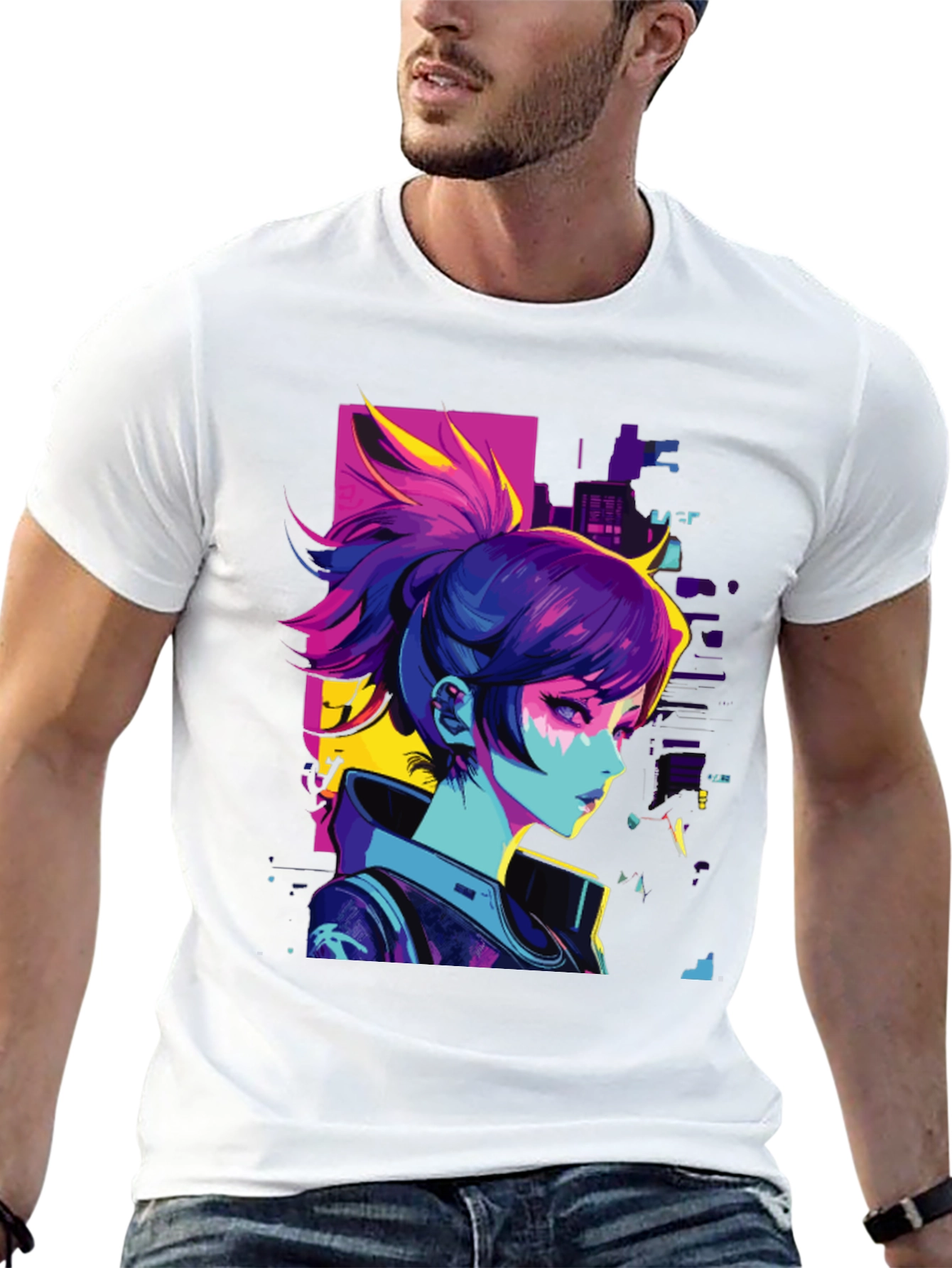 Black Cyberpunk Anime Girl Graphic Black T-Shirt view 13