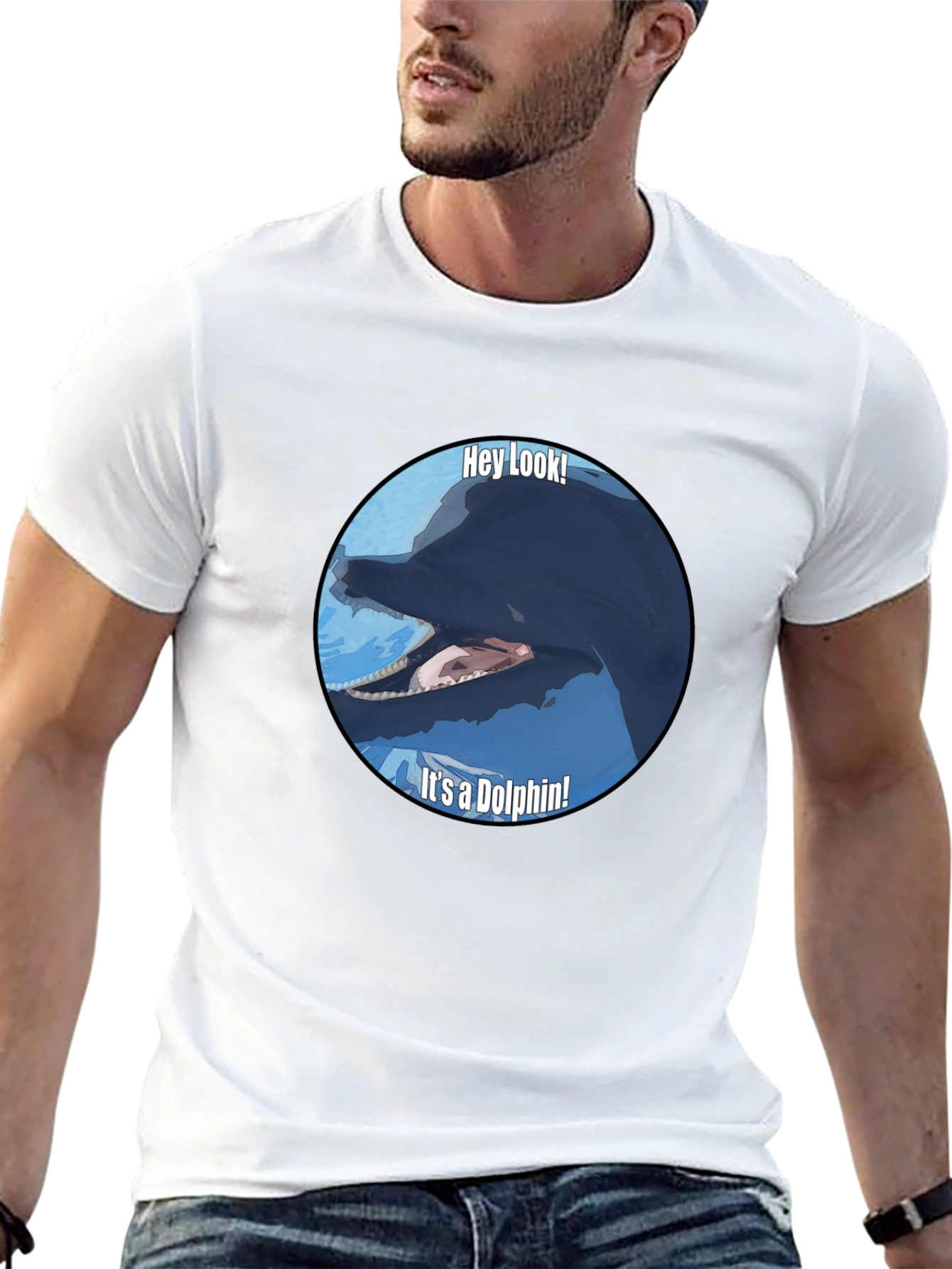 Black Funny Dolphin Graphic Print T-Shirt - Black view 13