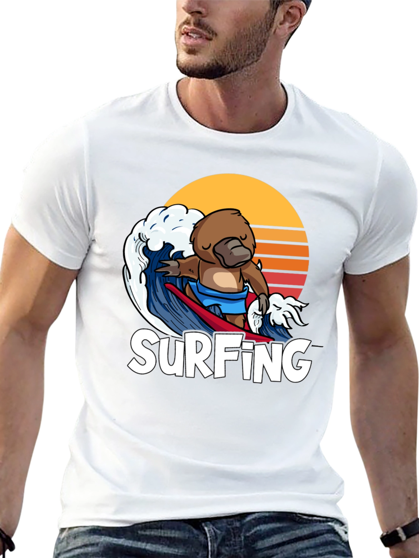 Black Surfing Platypus T-Shirt - Retro Wave Design view 13