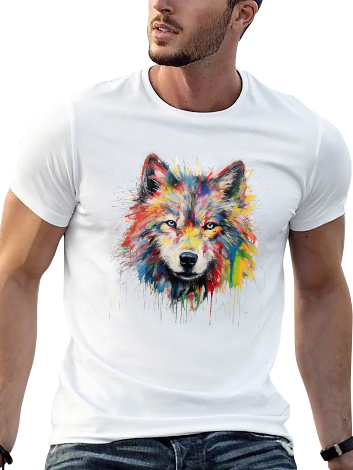 Black Colorful Watercolor Wolf Graphic Black T-Shirt view 13