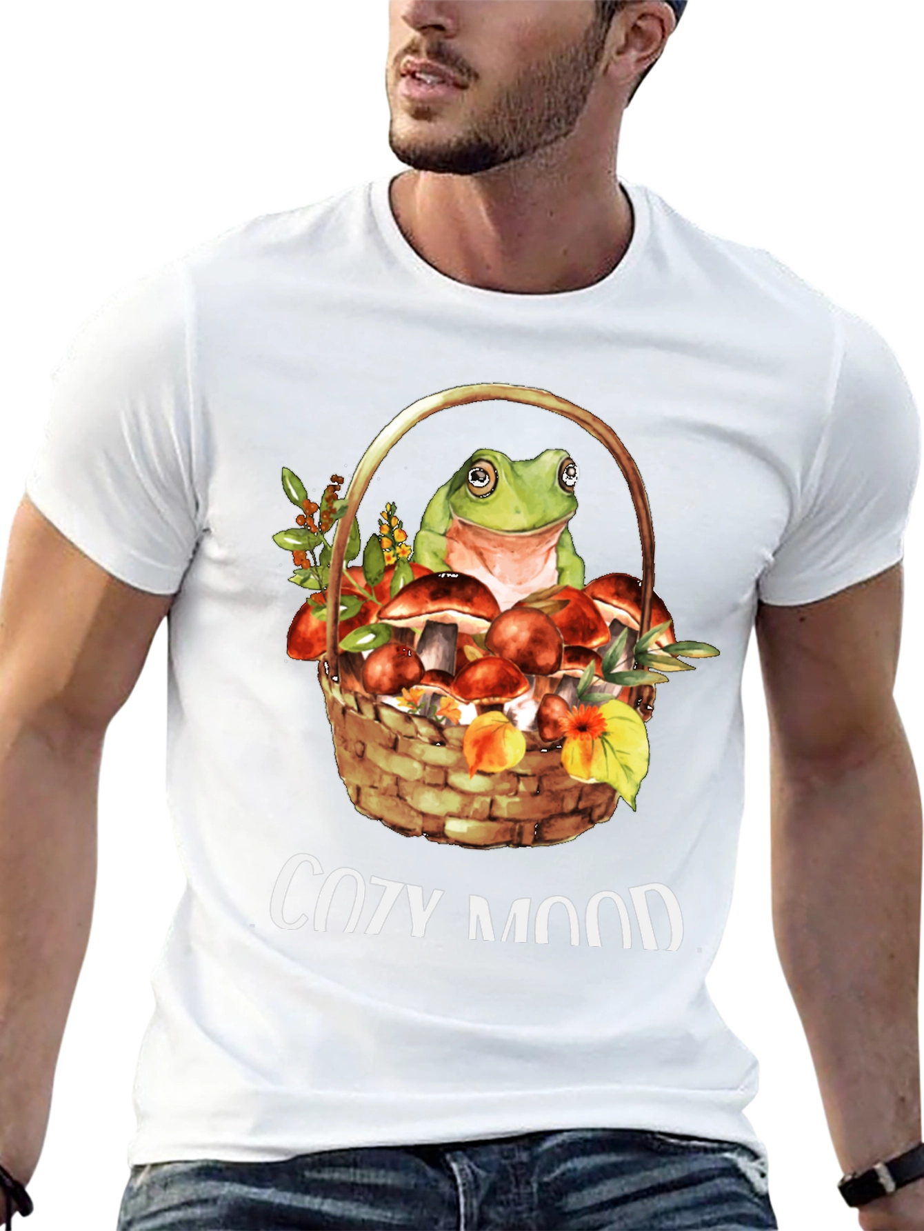Black Cozy Mood Frog & Mushroom Basket T-Shirt view 13
