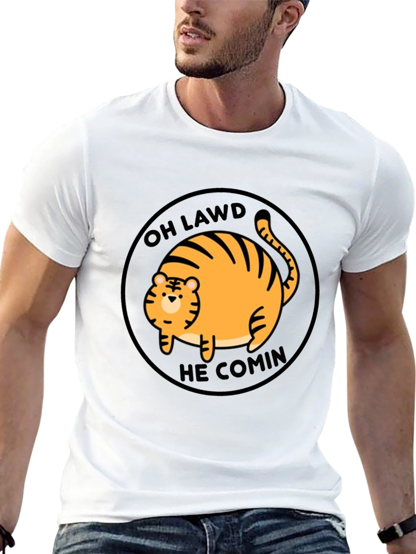 Black Oh Lawd He Comin' Cat T-Shirt - Funny Round Orange Tabby Tee view 13