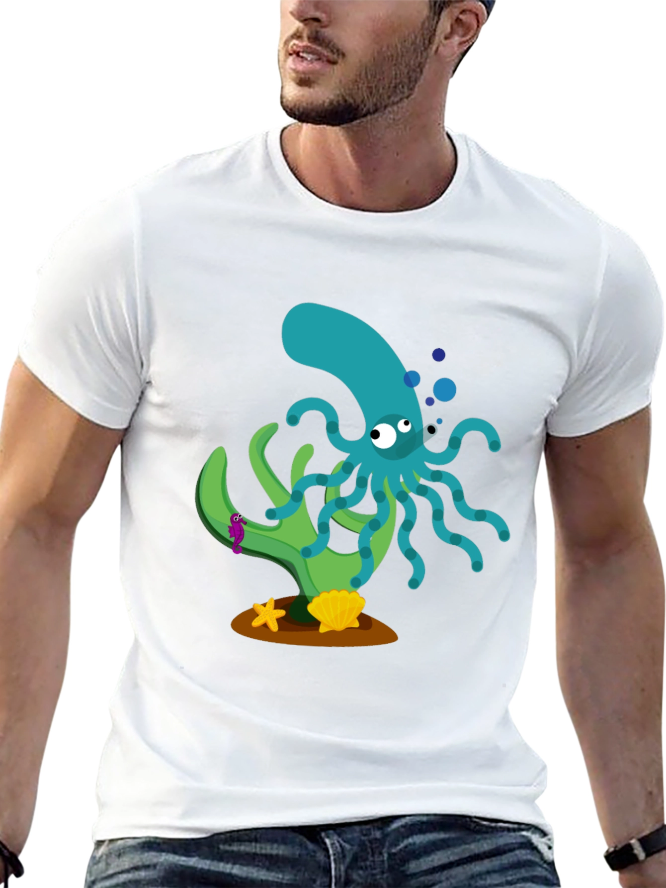 Black Cartoon Octopus Graphic Print Black T-Shirt view 13