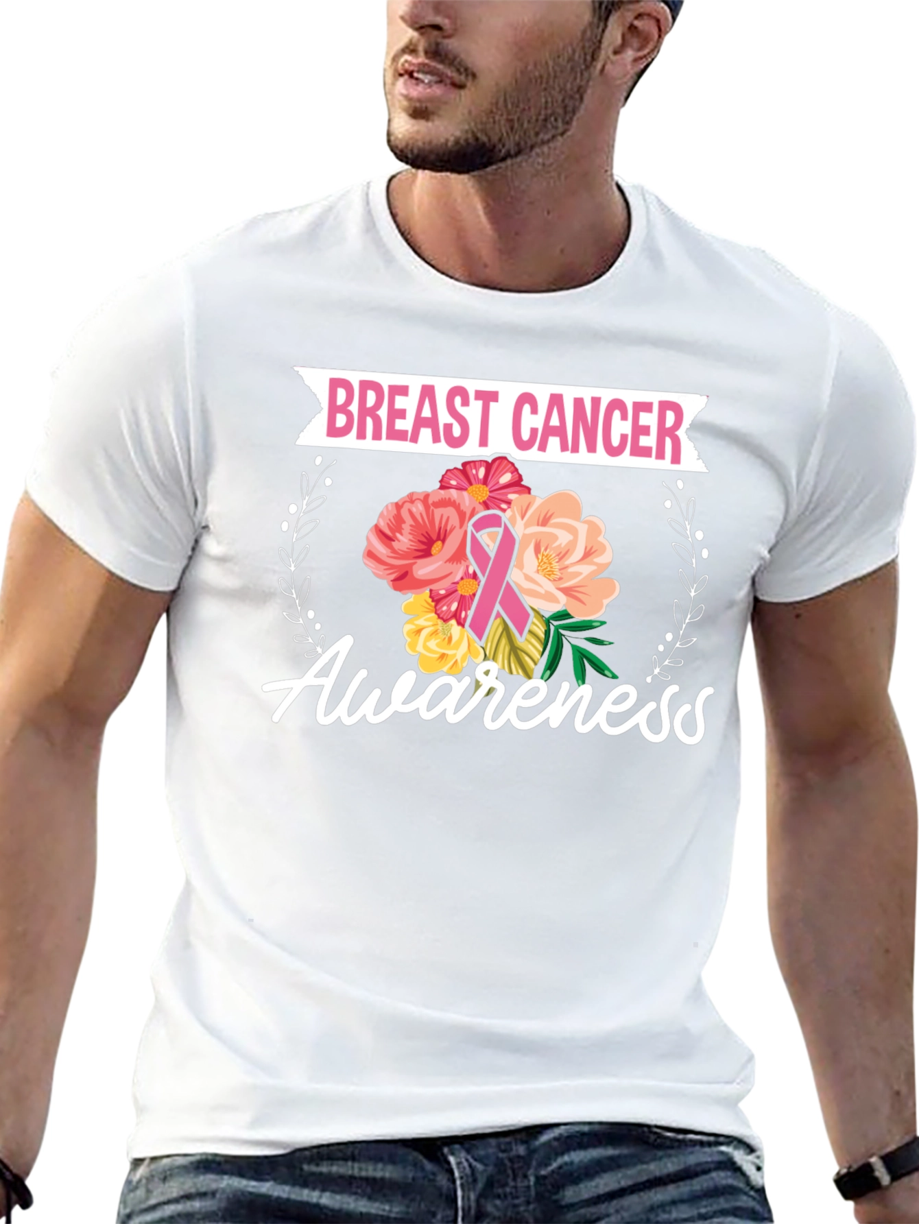 Black Breast Cancer Awareness Floral T-Shirt view 13