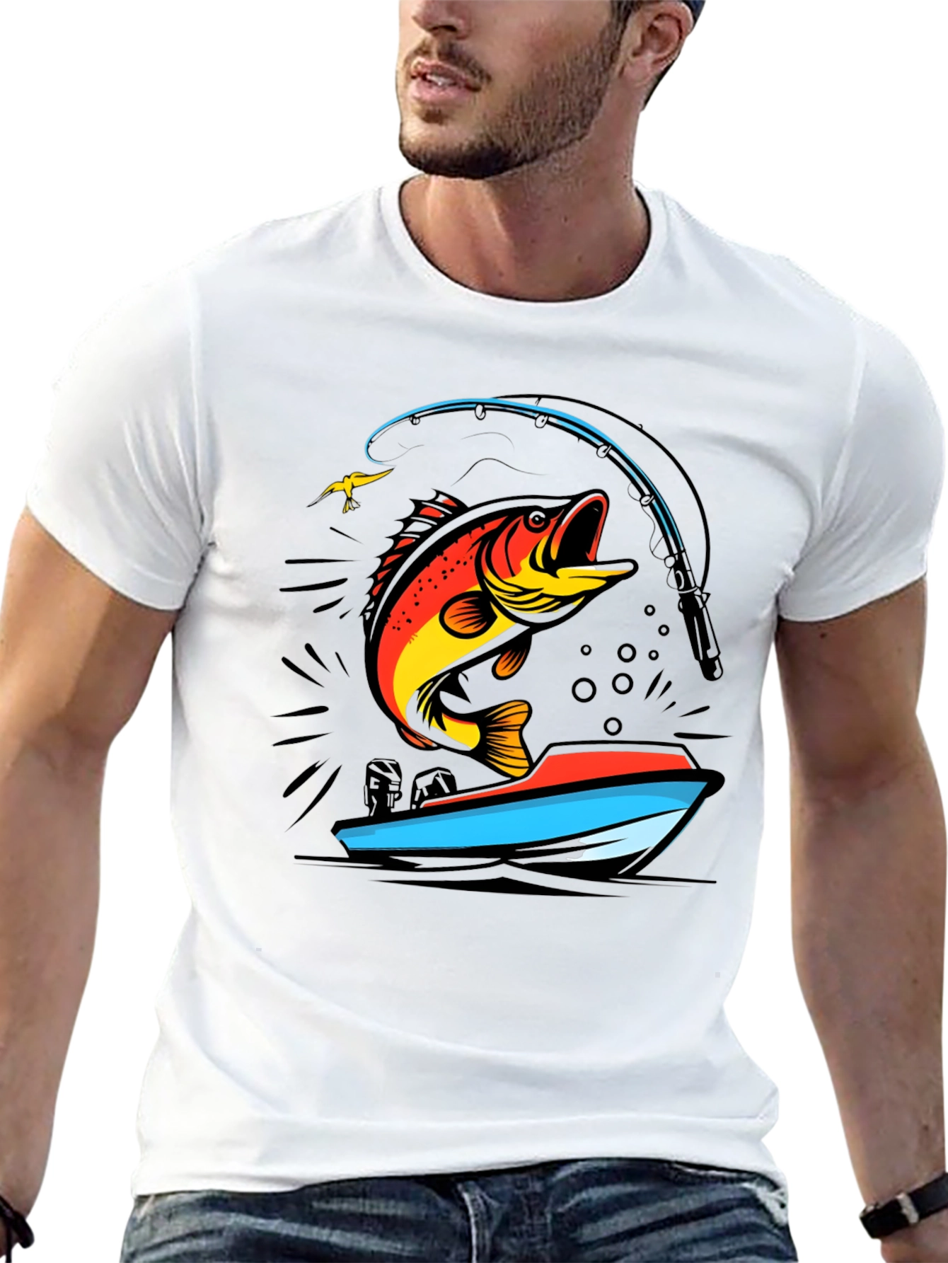 Black Fishing T-Shirt: Bass Jumping From Boat view 13