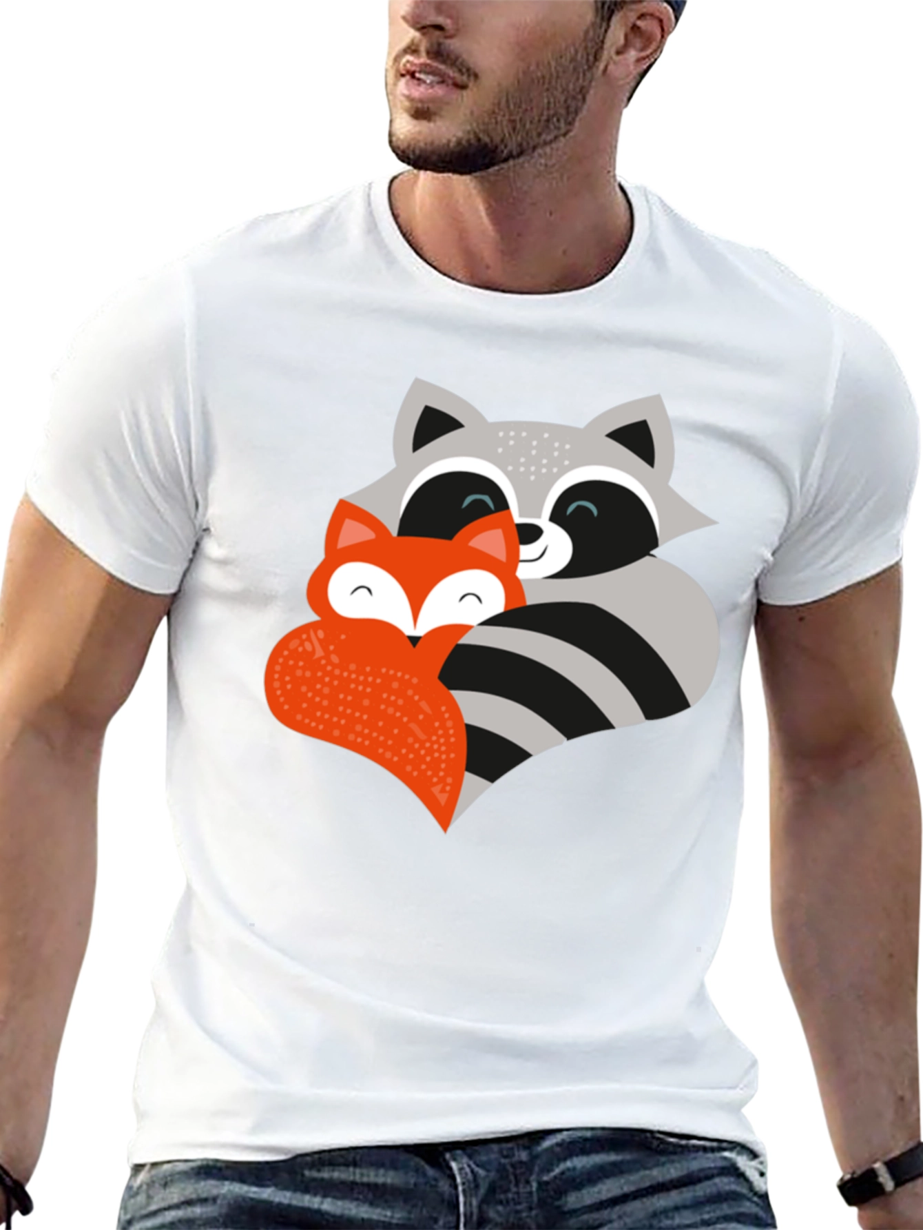 Black Cute Fox and Raccoon Graphic Tee view 13