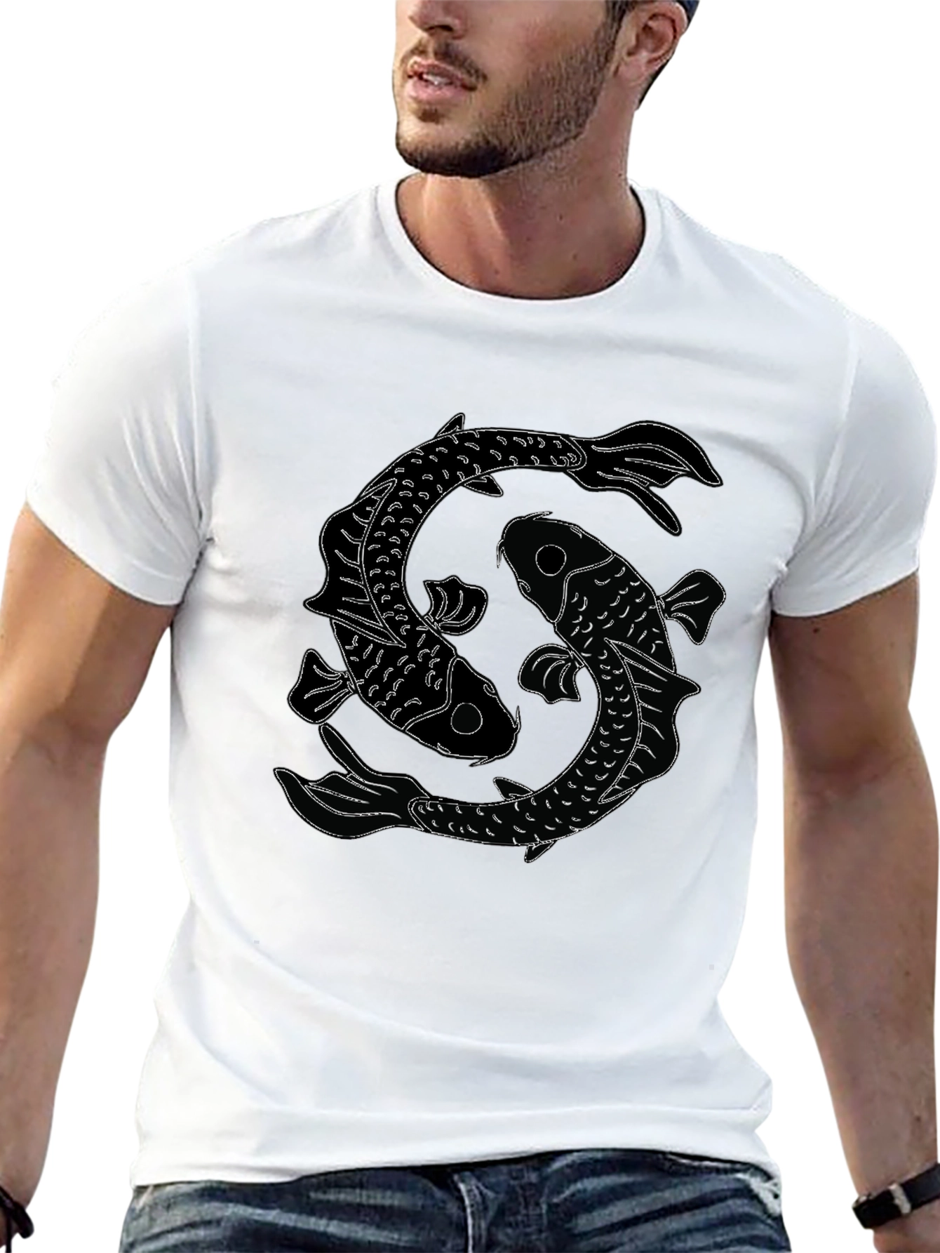 Black Yin Yang Koi Fish Graphic Tee - Classic Black T-Shirt view 13