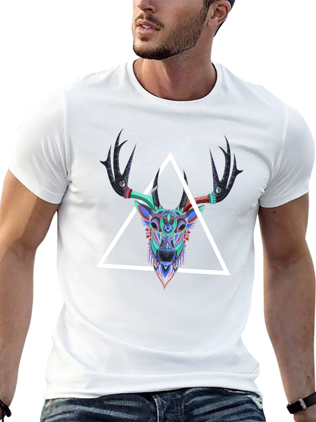 Black Geometric Deer Head Graphic Tee - Men's Black T-Shirt view 13