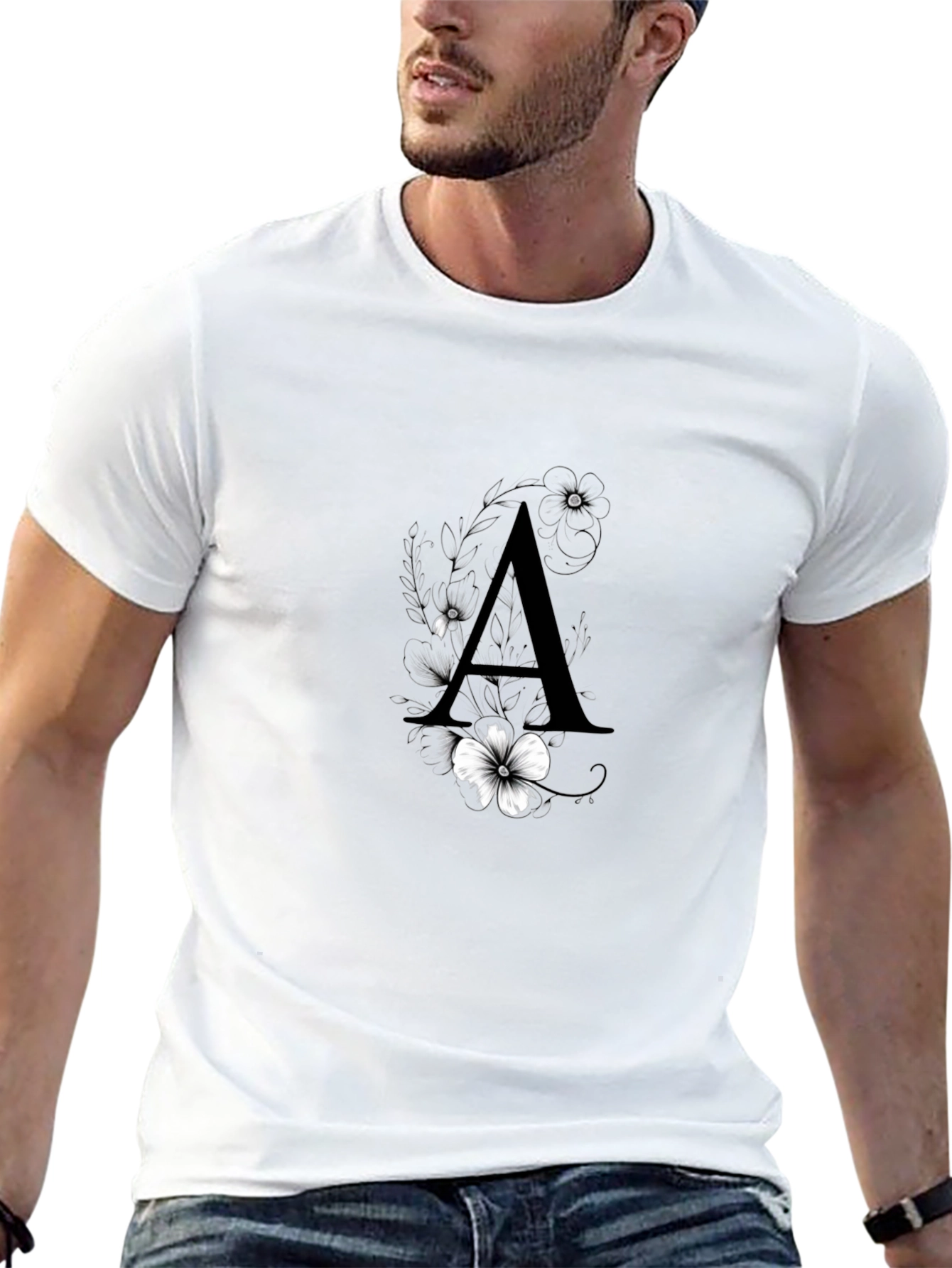Black Elegant Black T-Shirt with Floral Letter "A" Design view 13