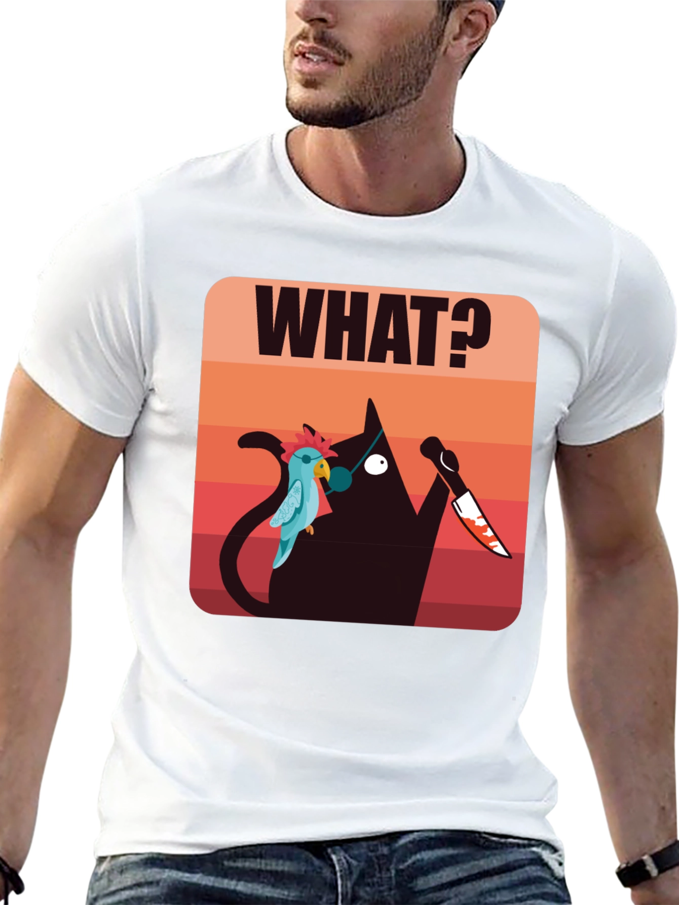 Black Funny Cat with Knife T-Shirt - Men's Black Graphic Tee view 13