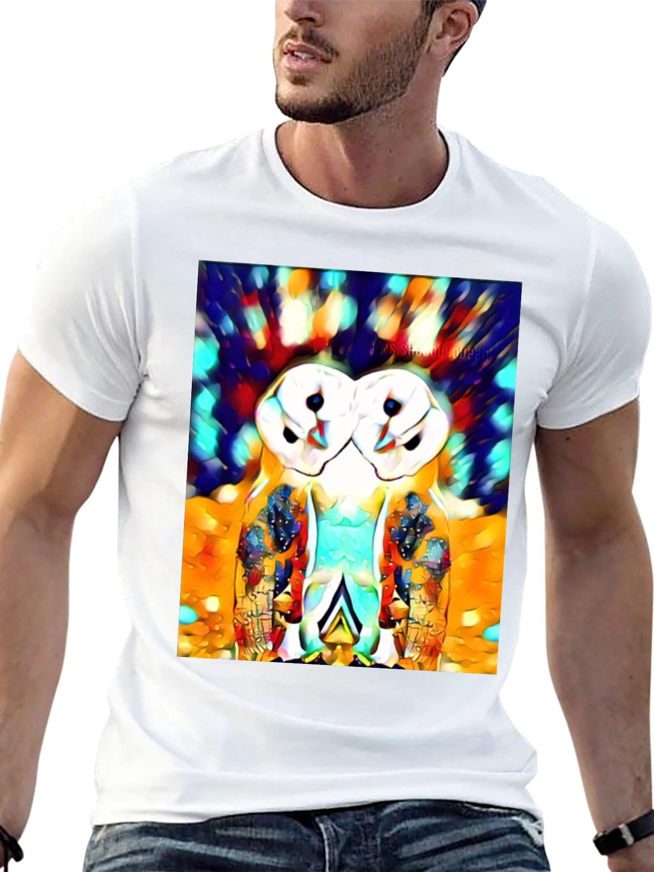 Black Abstract Owl Print T-Shirt view 13