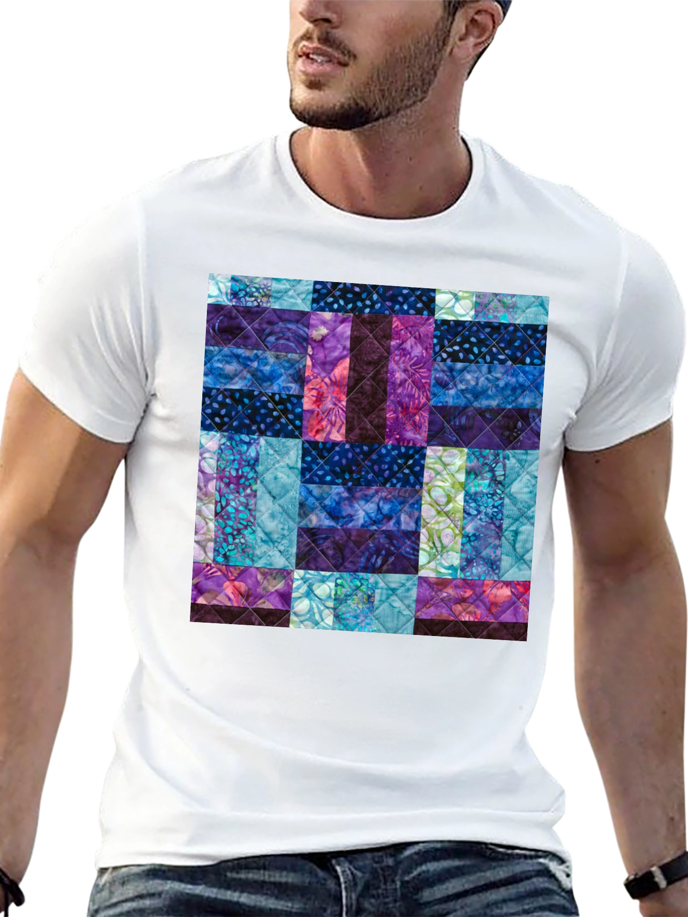 Black Quilted Pattern T-Shirt - Modern Abstract Design view 13