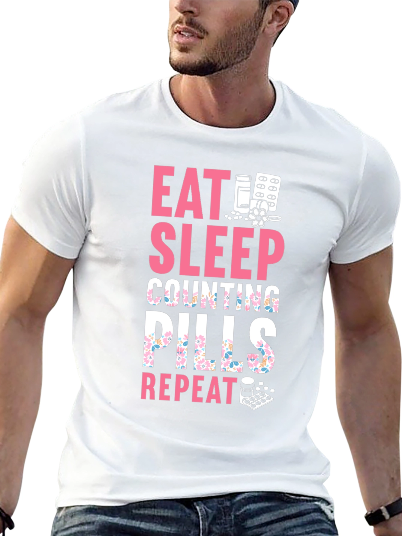 Black Eat Sleep Counting Pills Funny T-Shirt view 13
