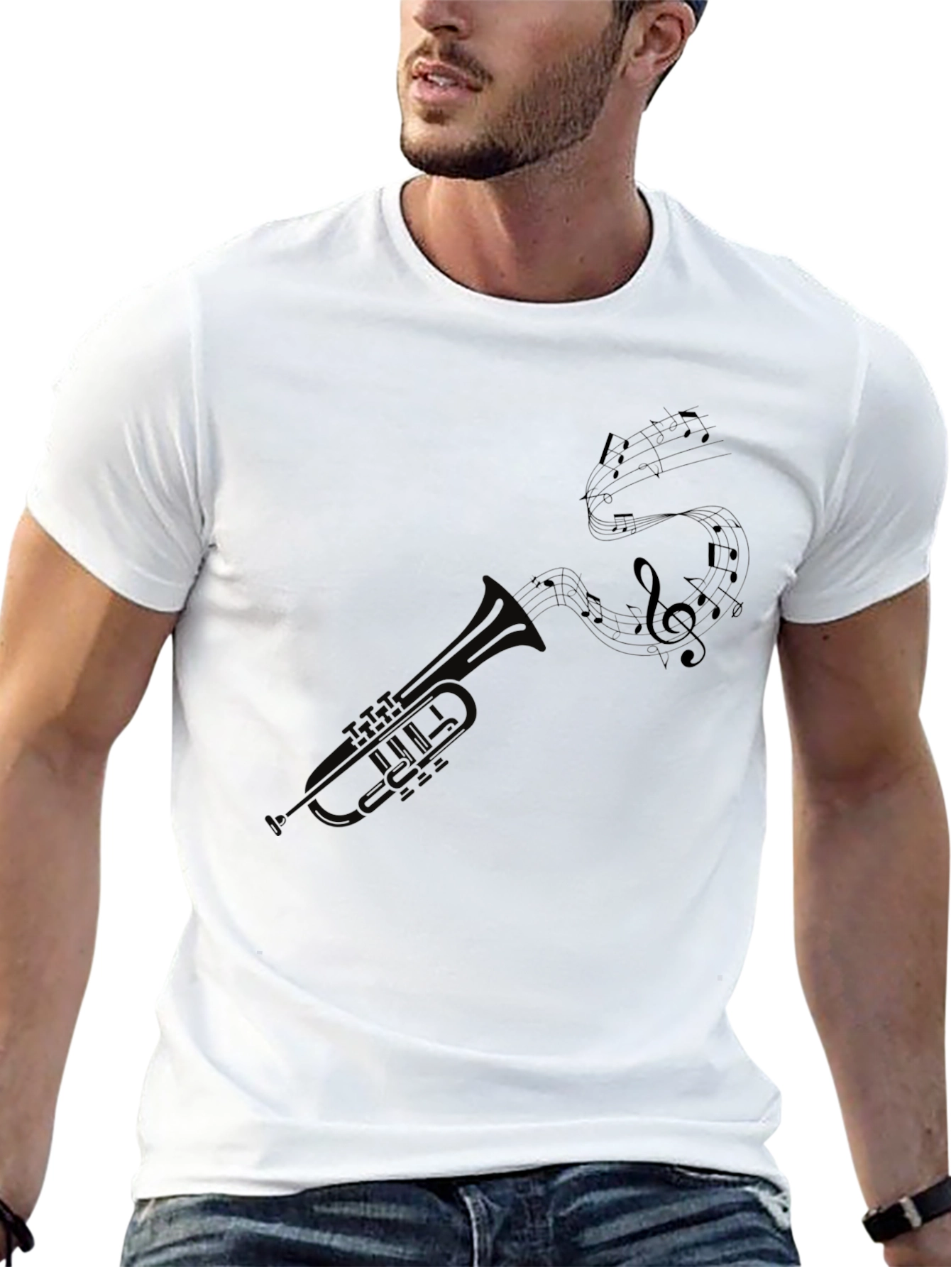 Black Trumpet and Music Notes Graphic Tee - Black view 13