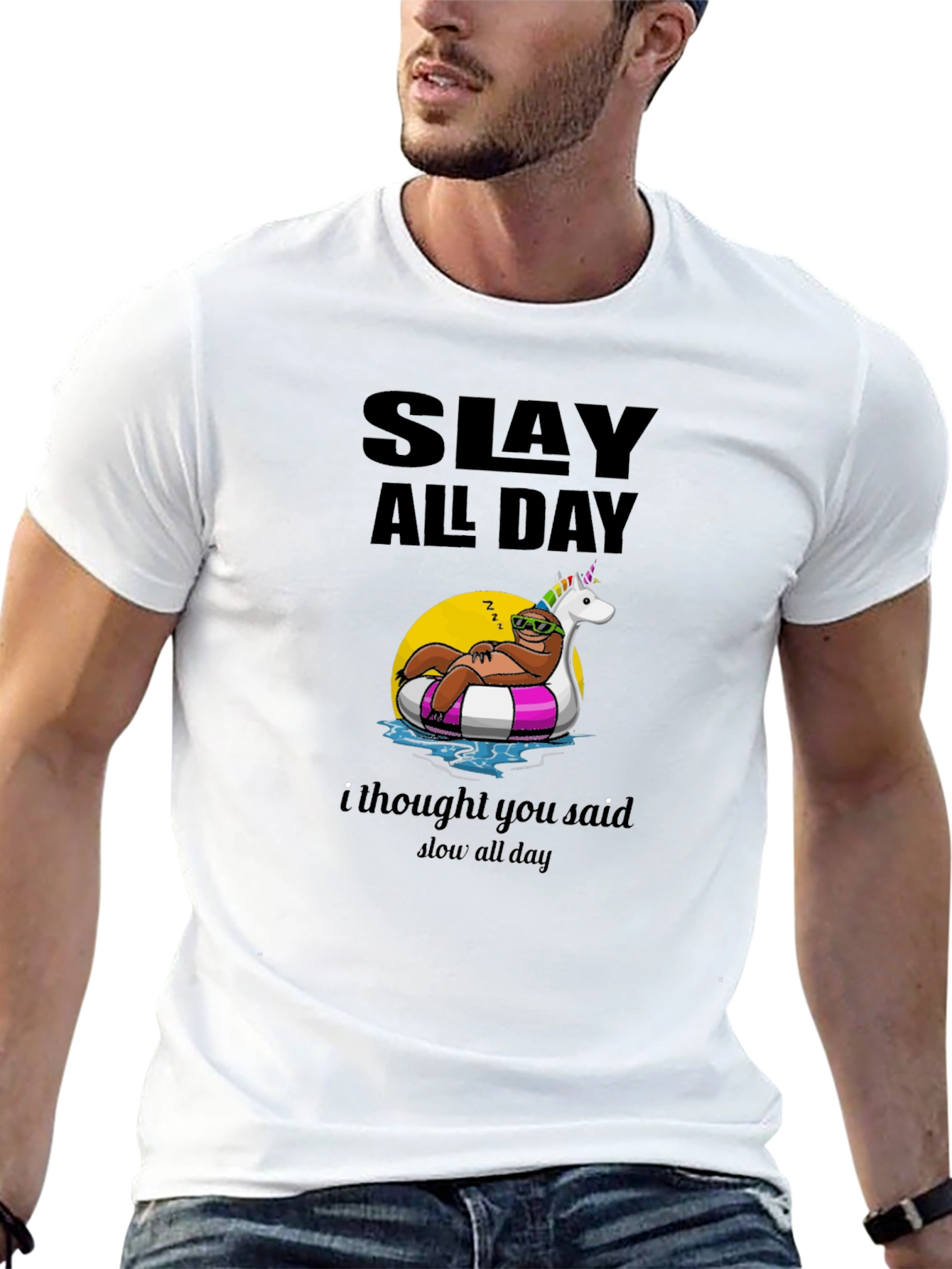 Black Slay All Day Sloth Unisex T-Shirt view 13