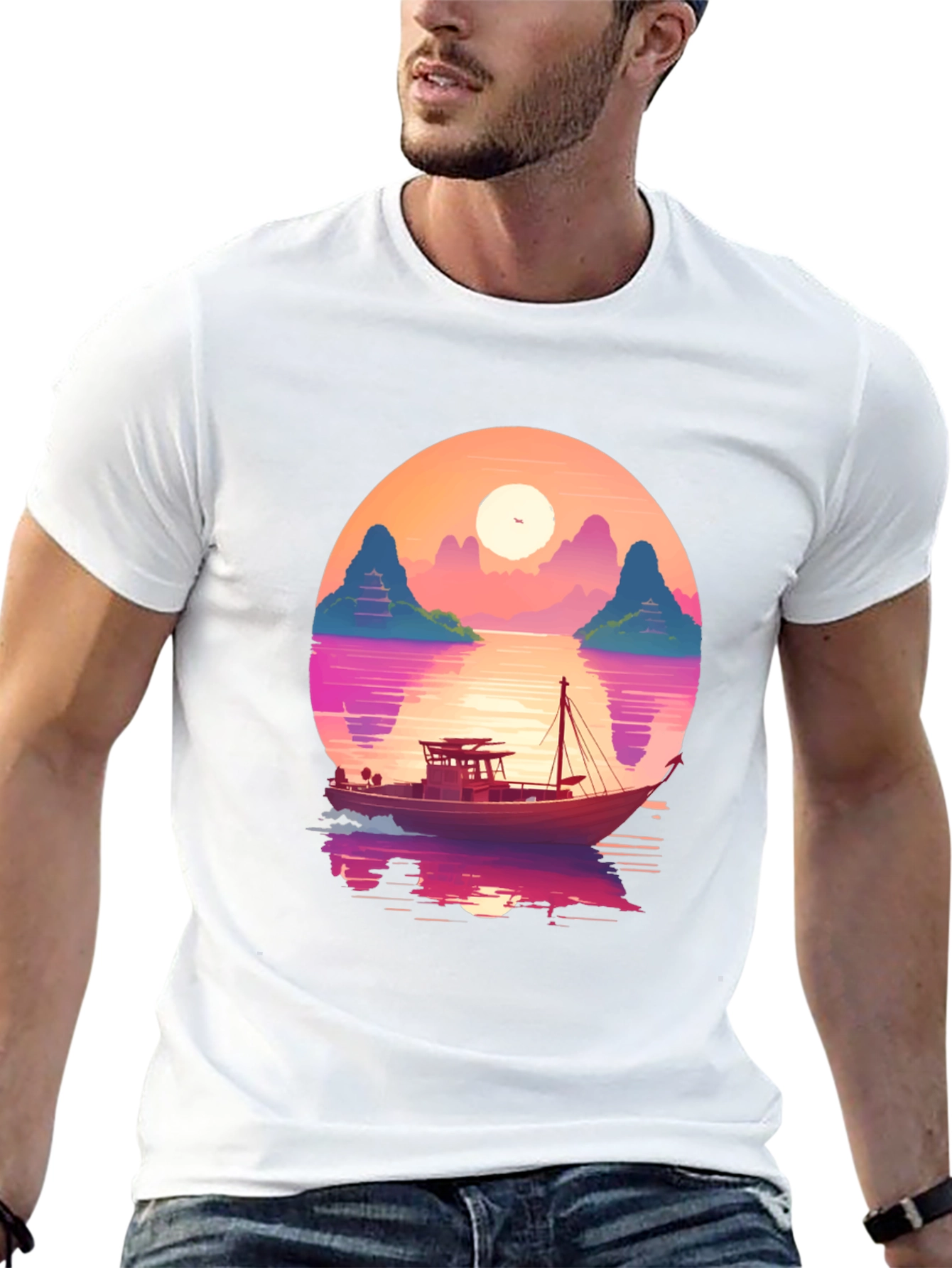 Black Sunset Boat Graphic Tee - Retro Style view 13