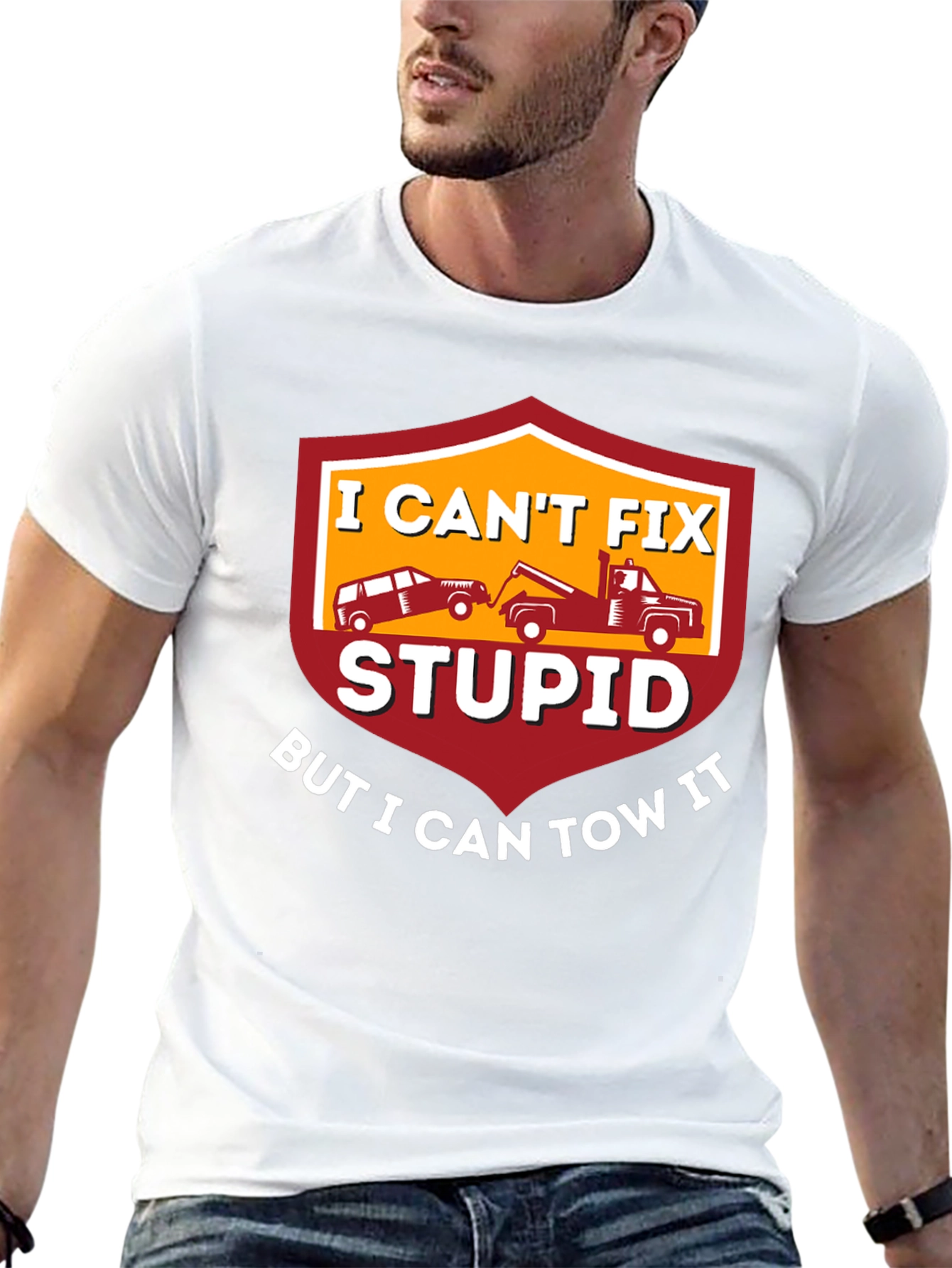 Black I Can't Fix Stupid Tow Truck T-Shirt view 13