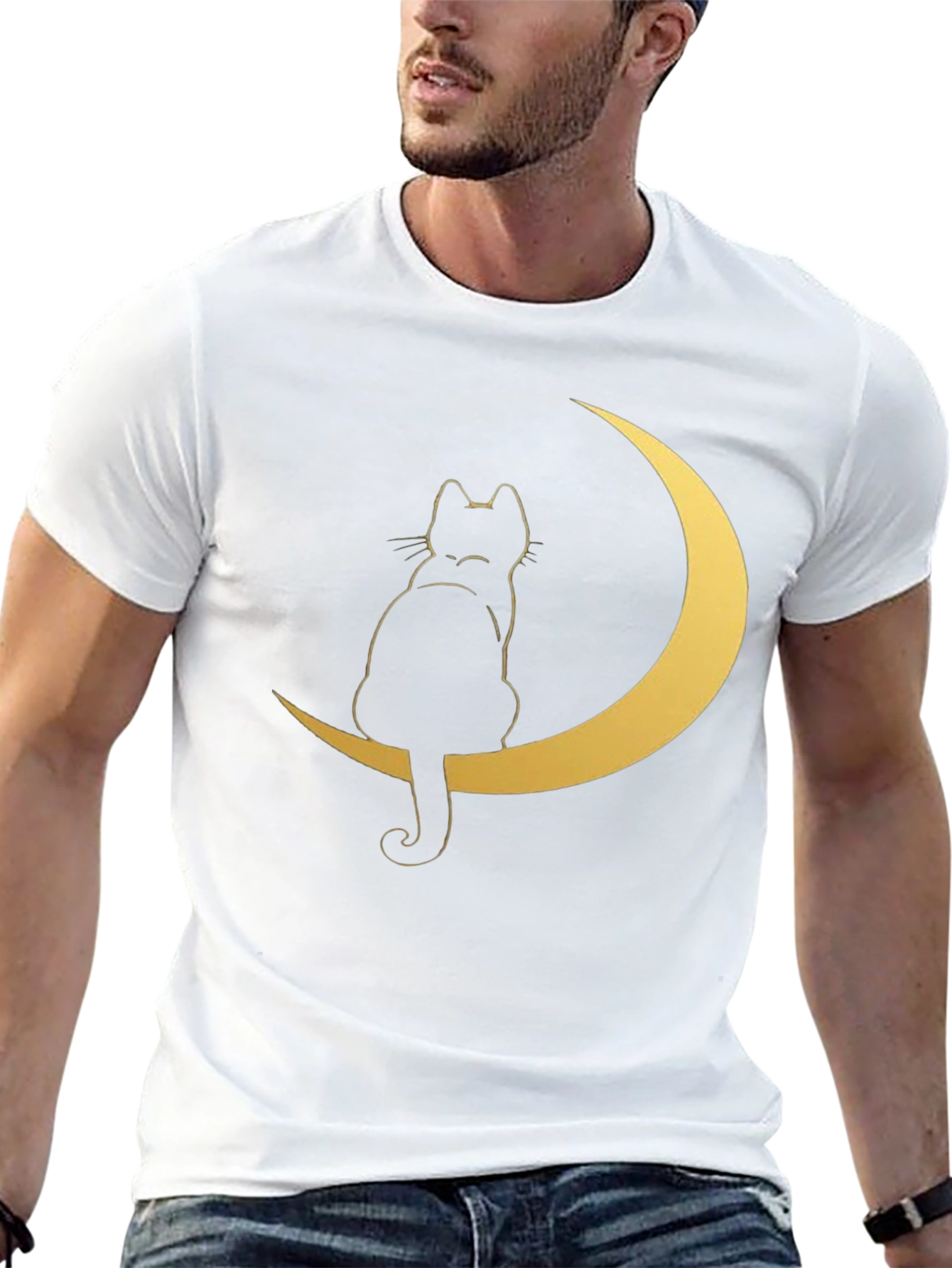 Black Cat on Moon Graphic Tee - Stylish Black T-Shirt view 13