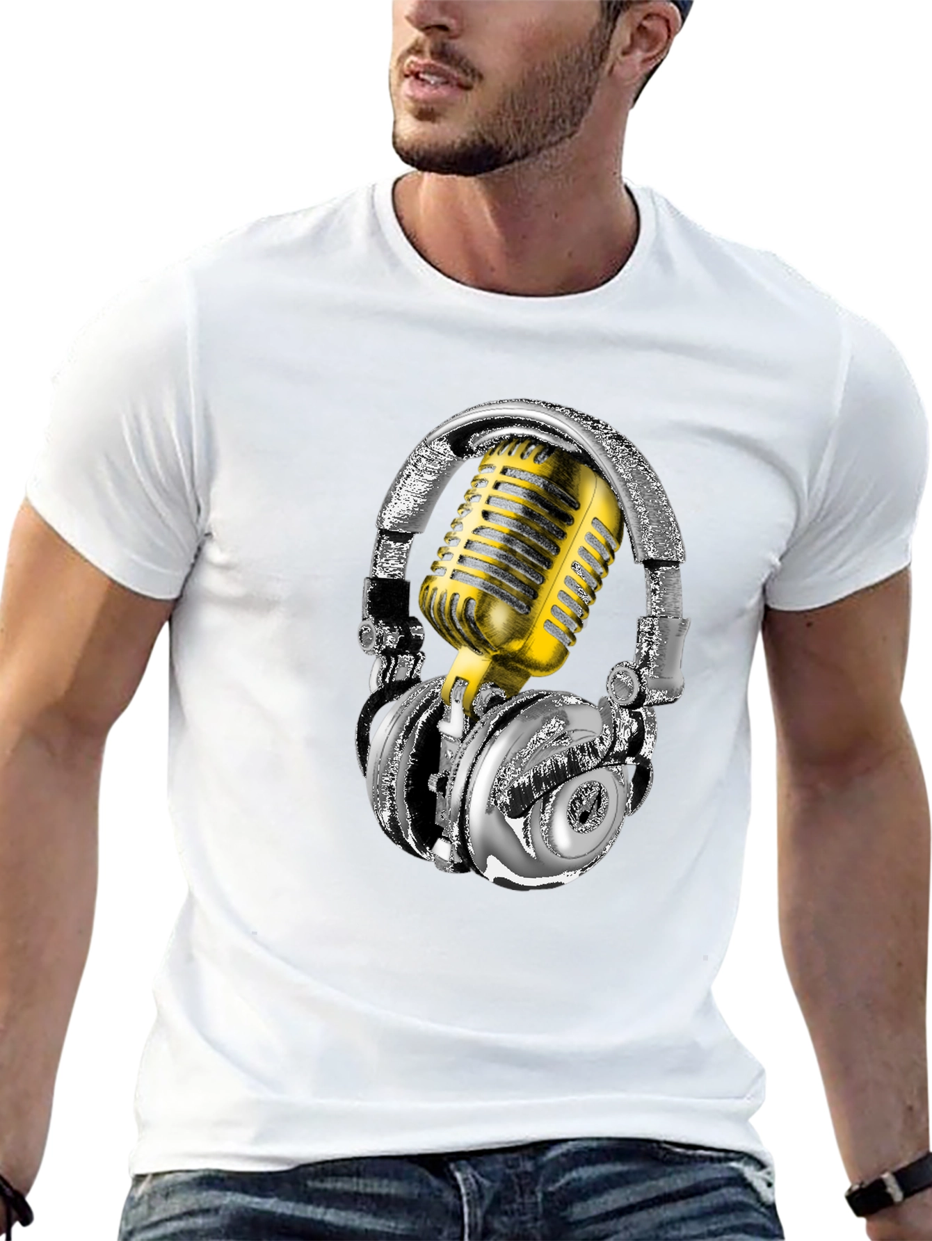 Black Headphones & Mic Graphic Tee view 13