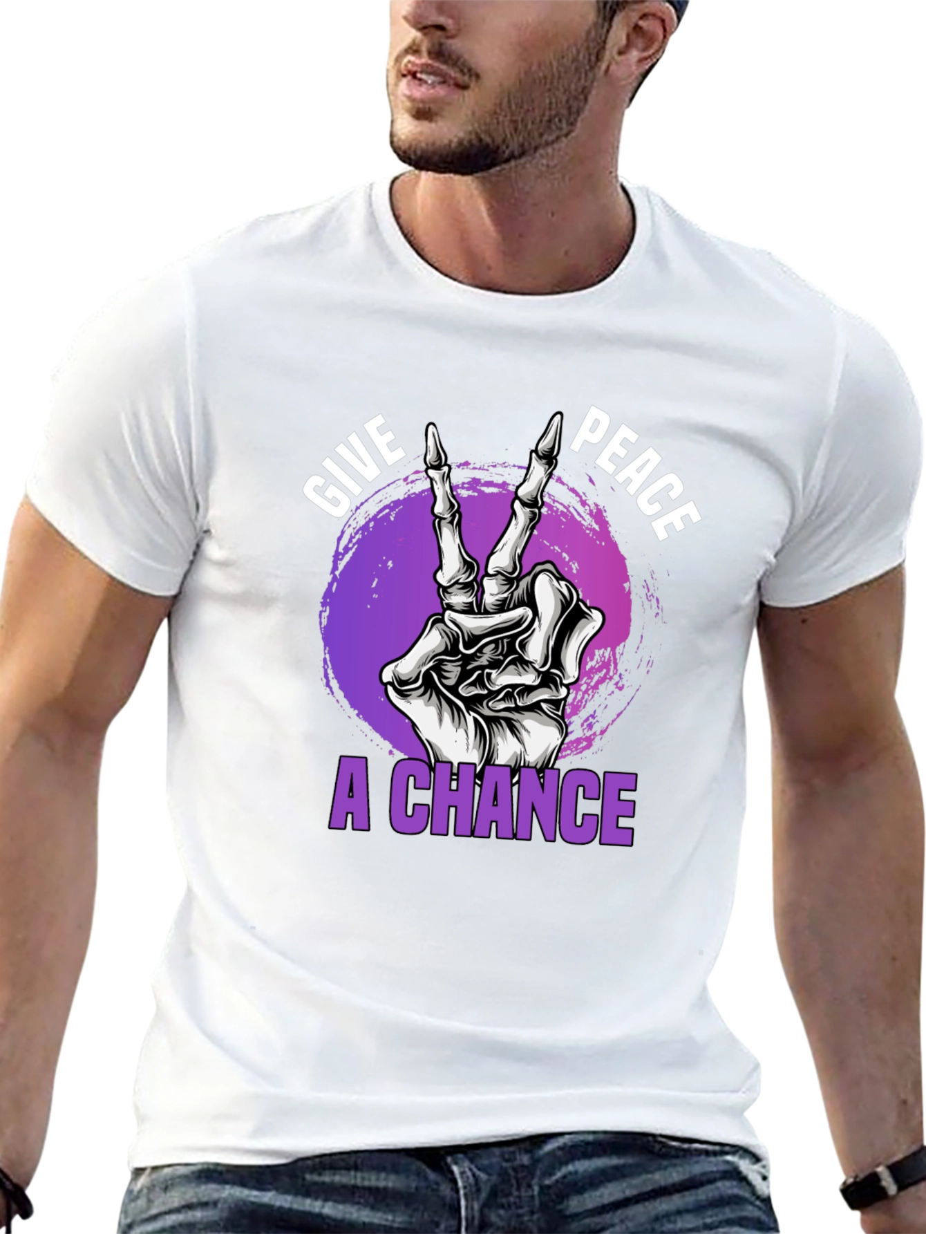 Black Give Peace A Chance Skeleton Hand Graphic T-Shirt view 13