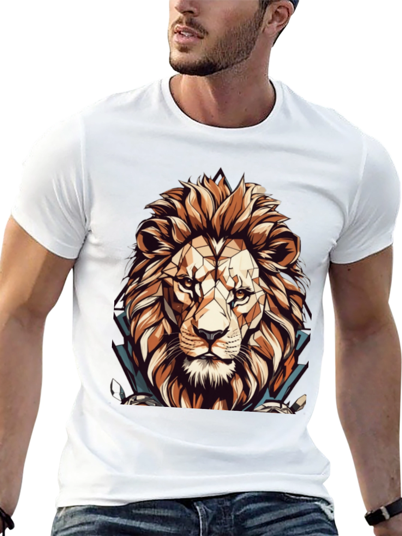 Black Geometric Lion Graphic Black T-Shirt view 13