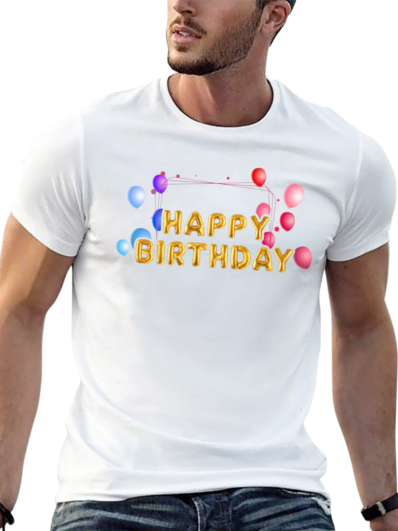 Black Happy Birthday Balloon Text Graphic Black T-Shirt view 13