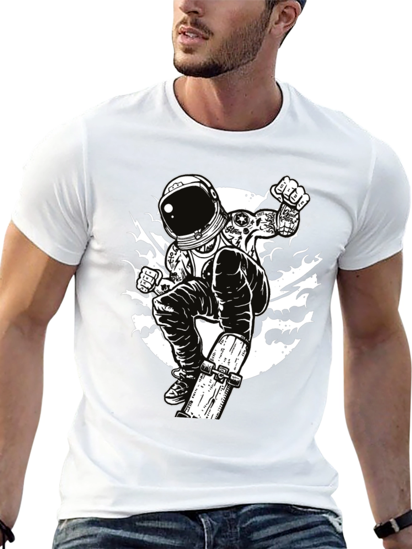 Black Astronaut Skateboarder Graphic Tee - Cool Black T-Shirt view 13
