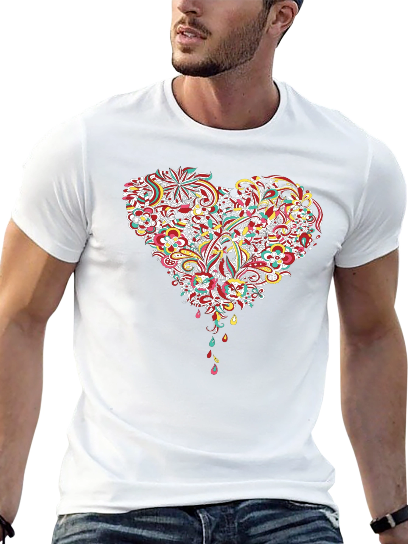 Black Floral Heart Graphic Tee - Black Cotton T-Shirt view 13