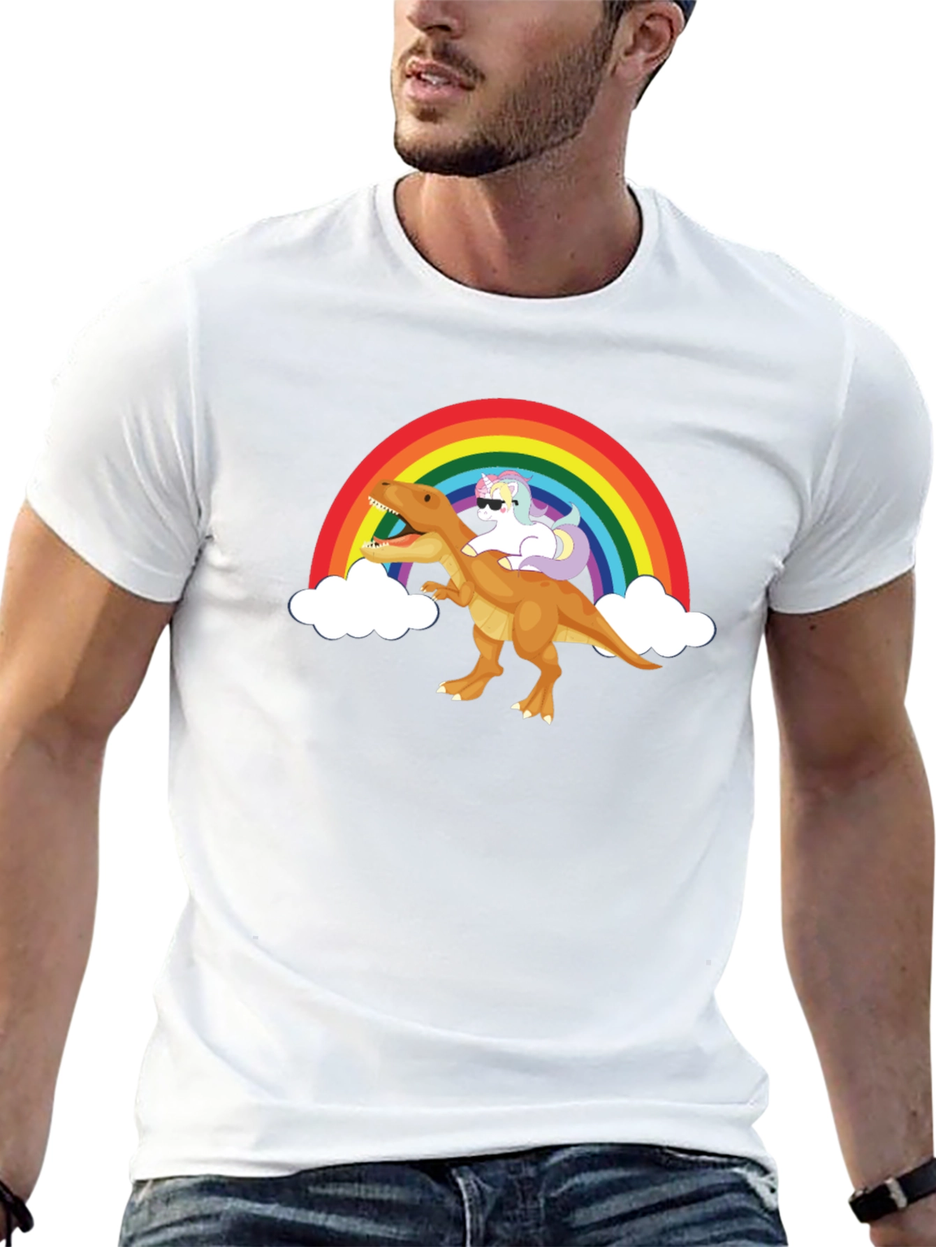 Black Rainbow Unicorn Riding Dinosaur Graphic Tee view 13