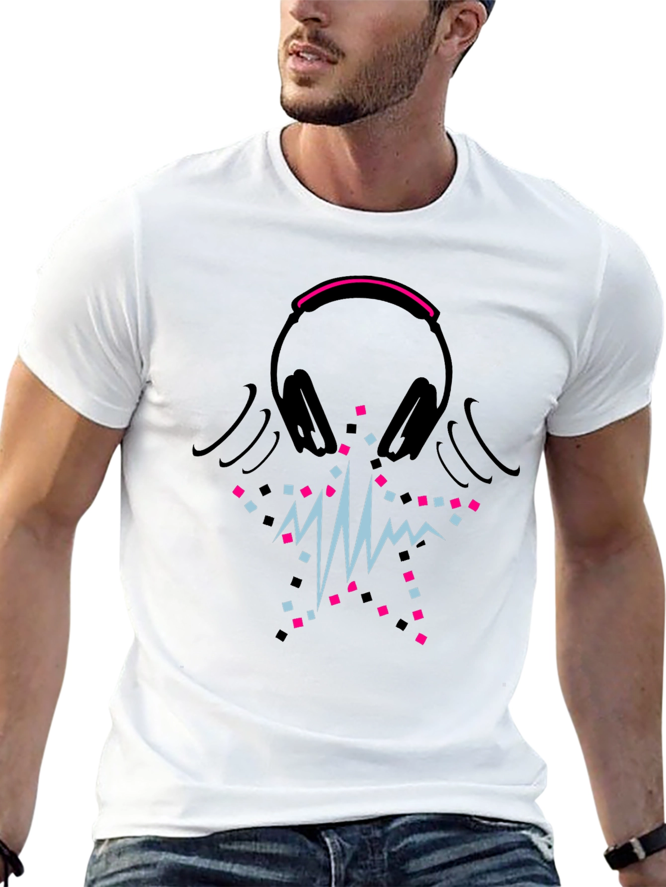 Black Black T-Shirt with Headphones and Soundwave Design view 13