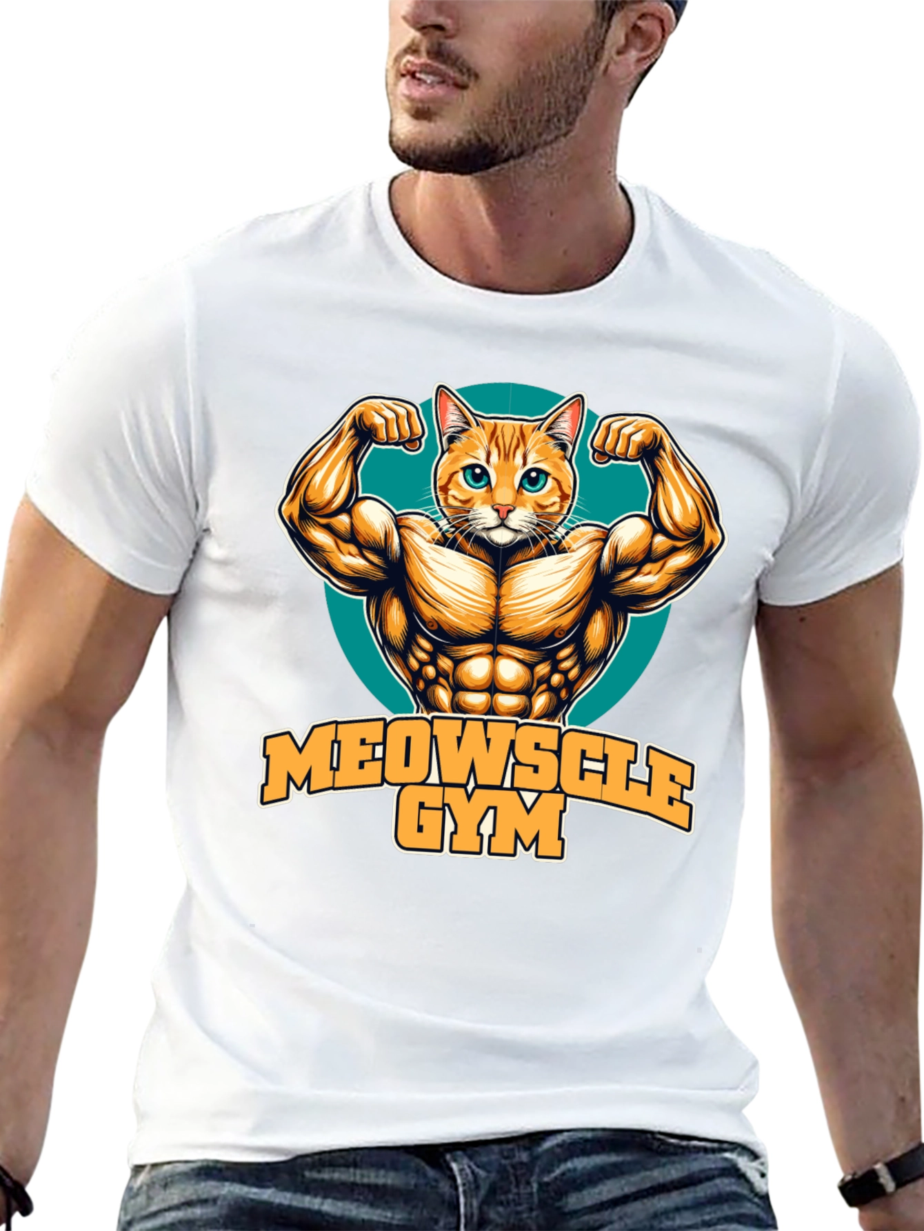 Black Meowscle Gym Black T-Shirt - Muscle Cat Design view 13