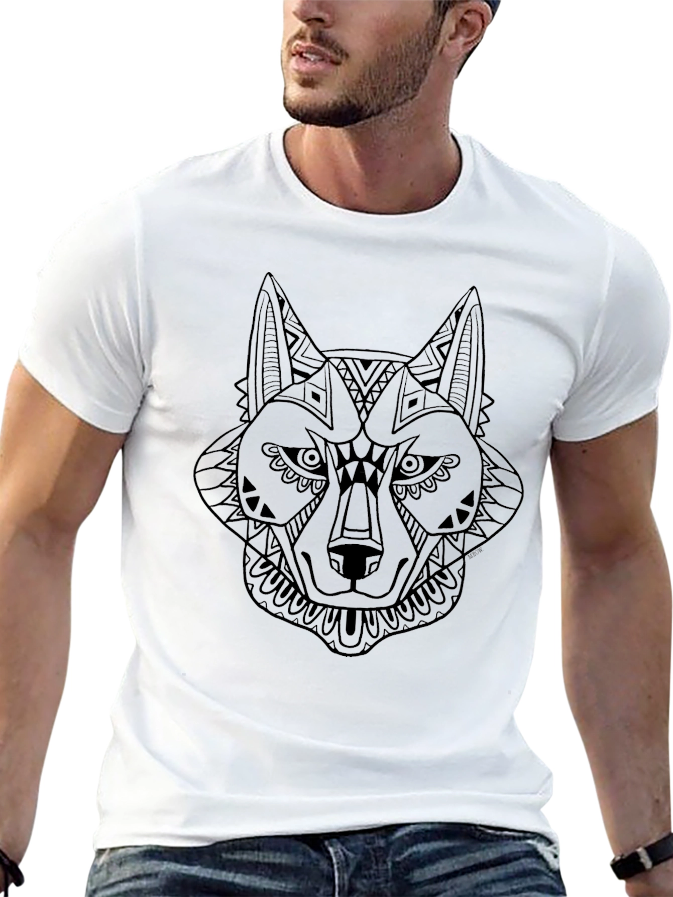 Black Black T-Shirt with Geometric Wolf Design view 13