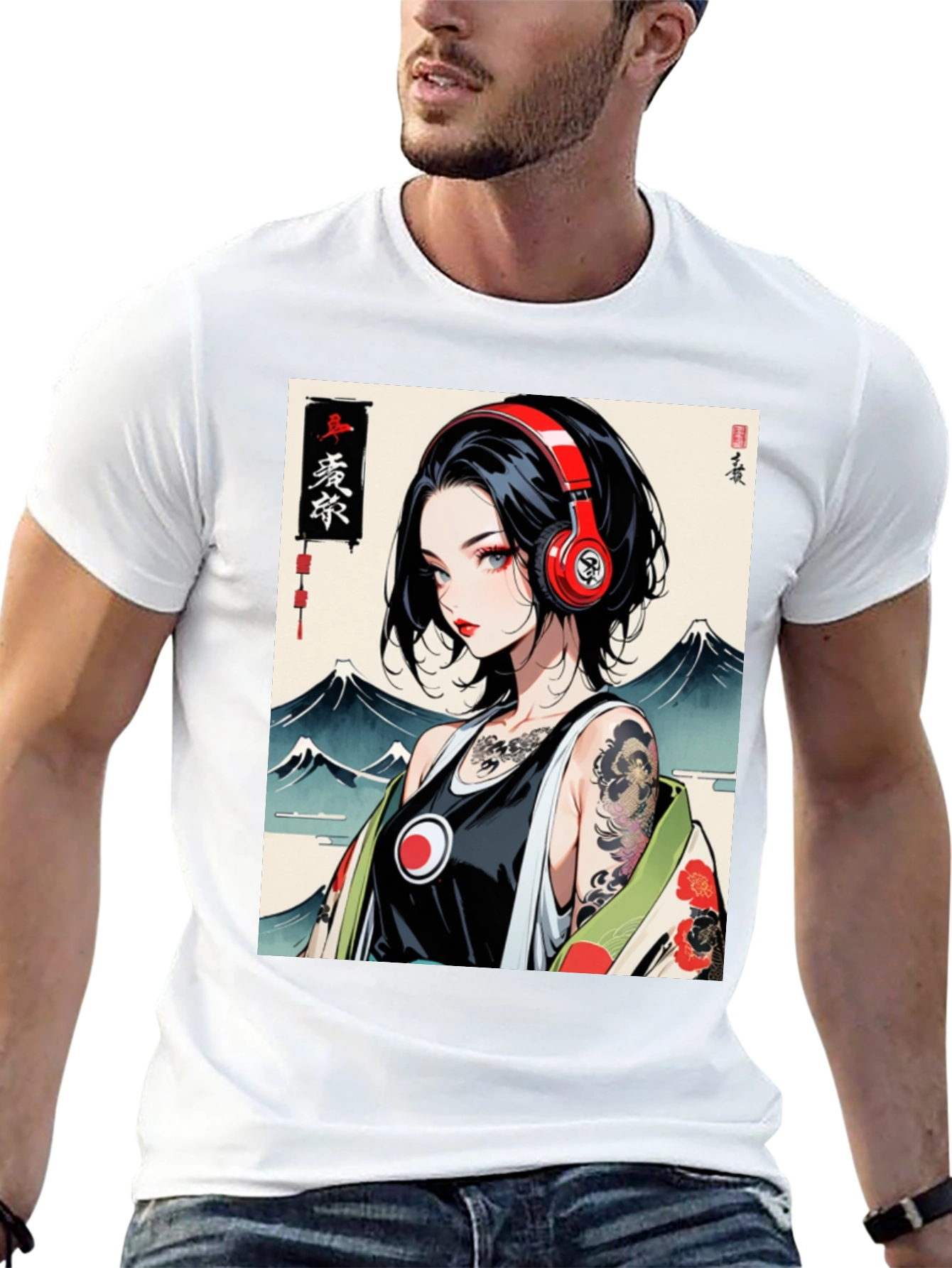 Black Anime Girl Headphones Graphic Black T-Shirt view 13