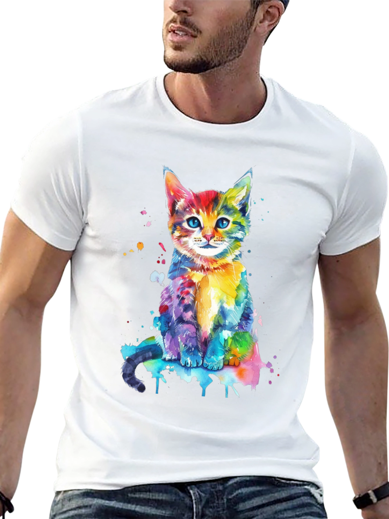 Black Watercolor Cat Graphic Tee - Vibrant Colorful Kitten Shirt view 13