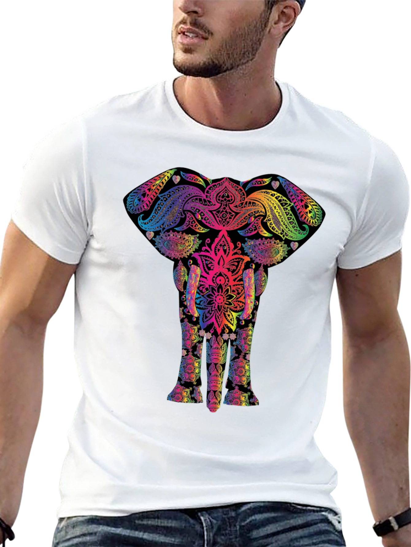 Black Vibrant Elephant Mandala T-Shirt - Unique Graphic Tee view 13