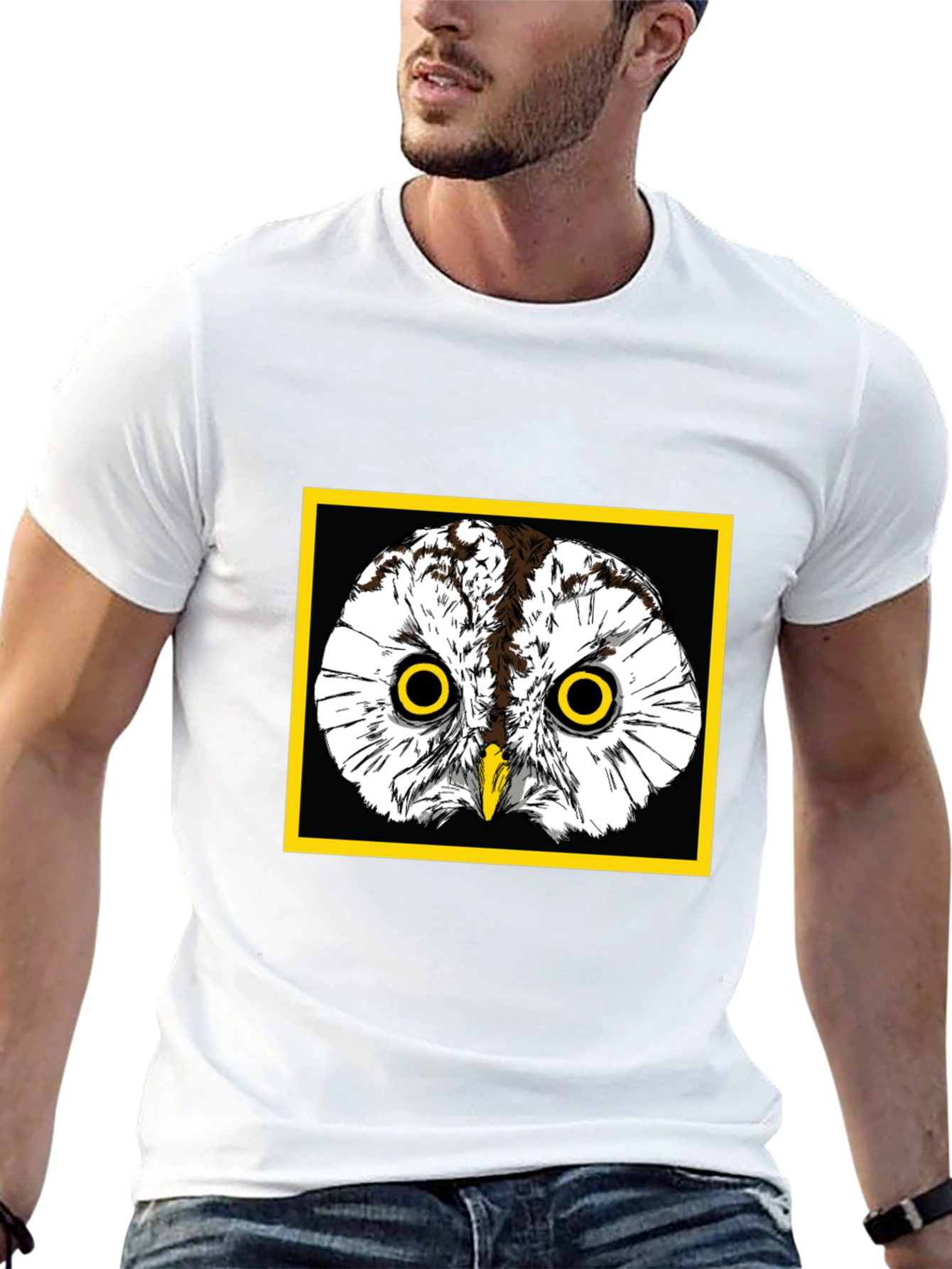 Black Owl Graphic Tee - Black Cotton T-Shirt with Yellow Border view 13