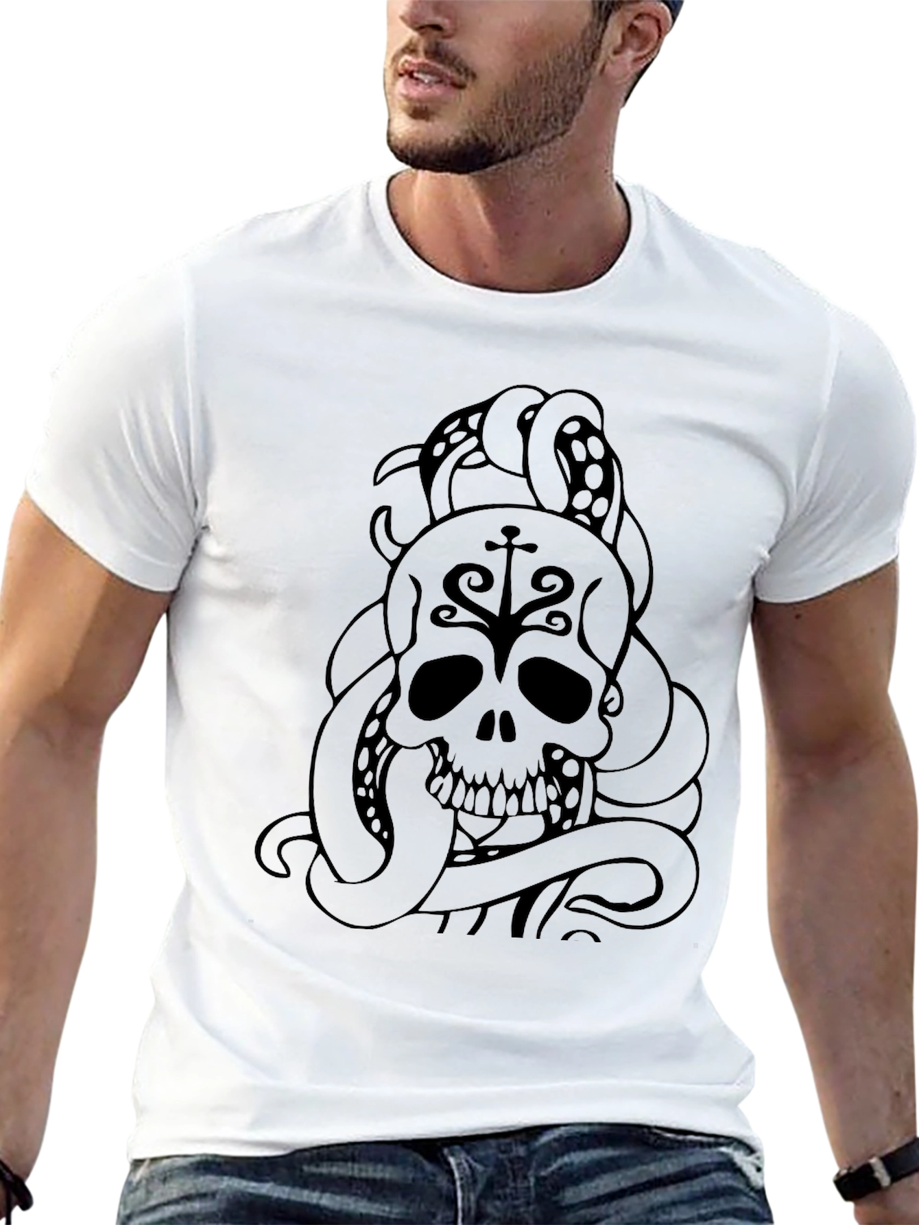 Black Skull & Octopus Tentacle Graphic Tee - Dark Style view 13