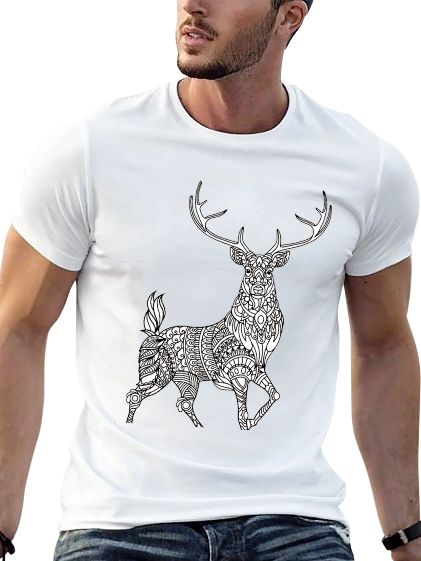 Black Geometric Deer Graphic Tee - Black Cotton Blend view 13
