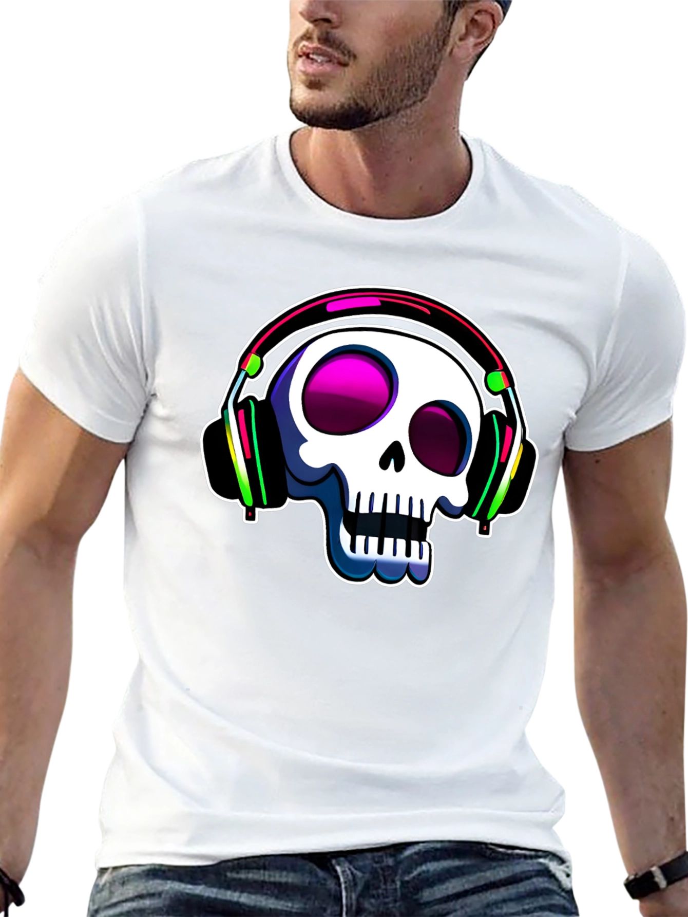 Black Skull with Headphones Graphic Tee view 13