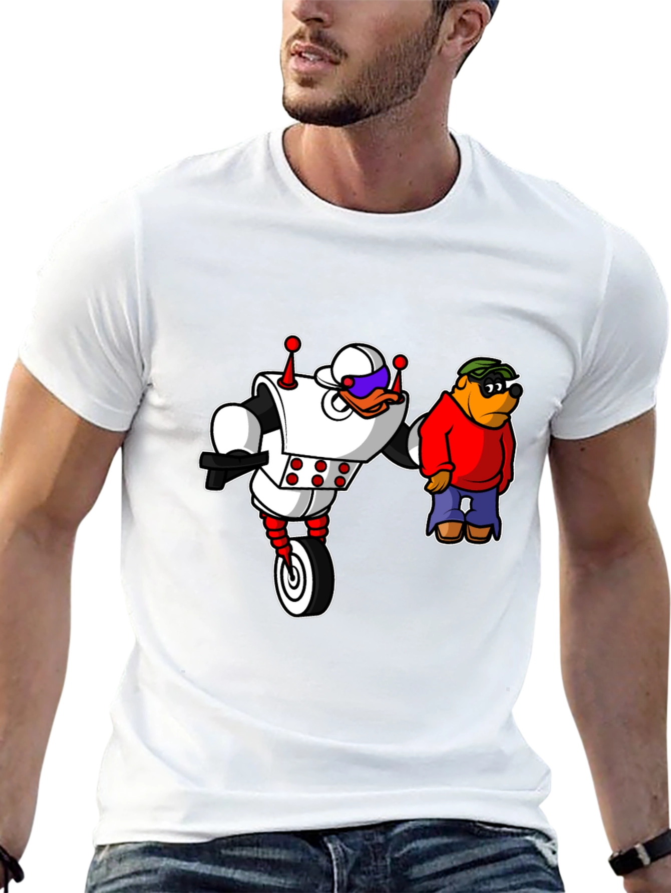 Black Robot Duck and Cartoon Bear Graphic T-Shirt view 13