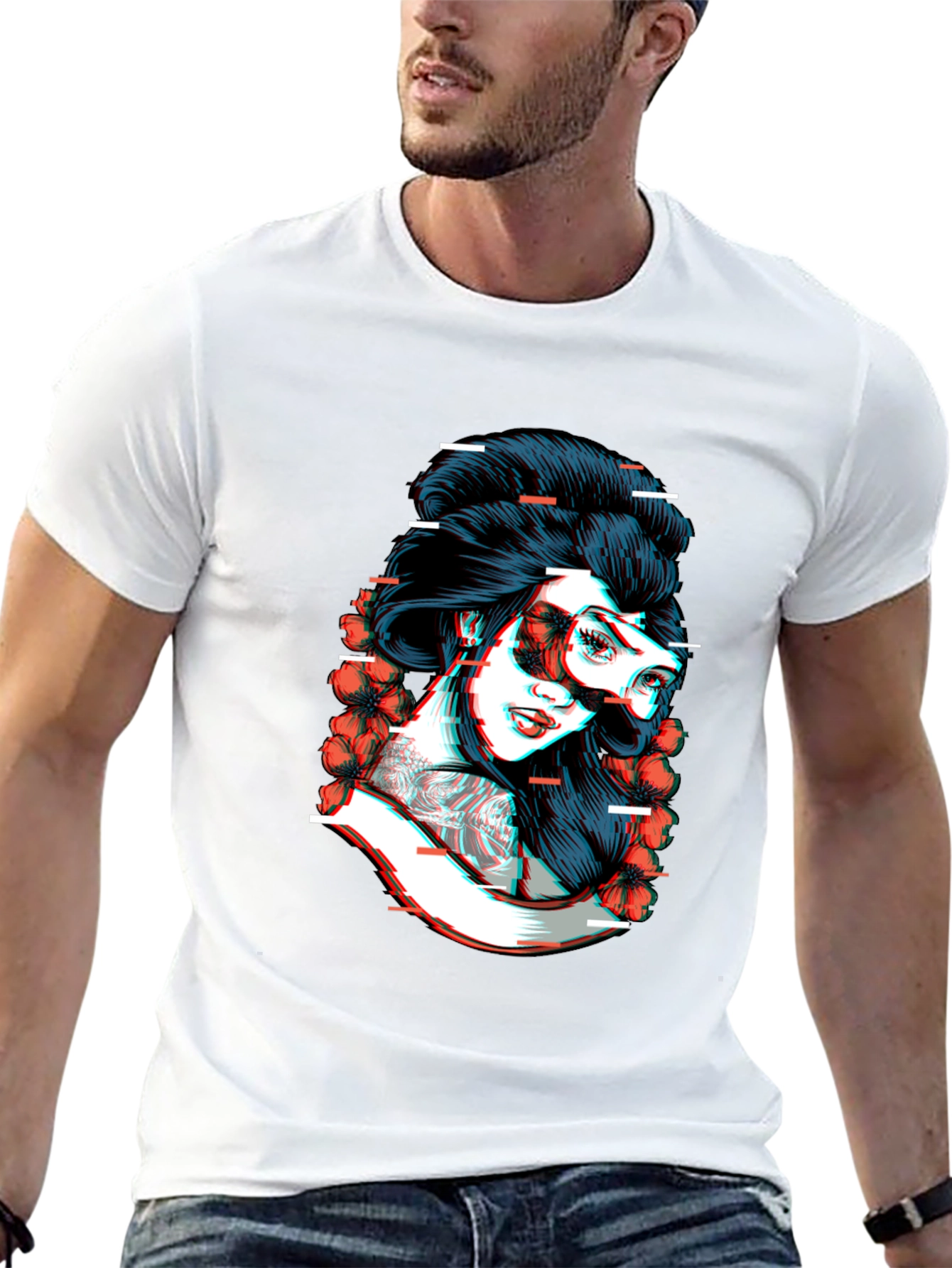 Black Glitch Geisha Graphic Tee - Black Cotton T-Shirt view 13