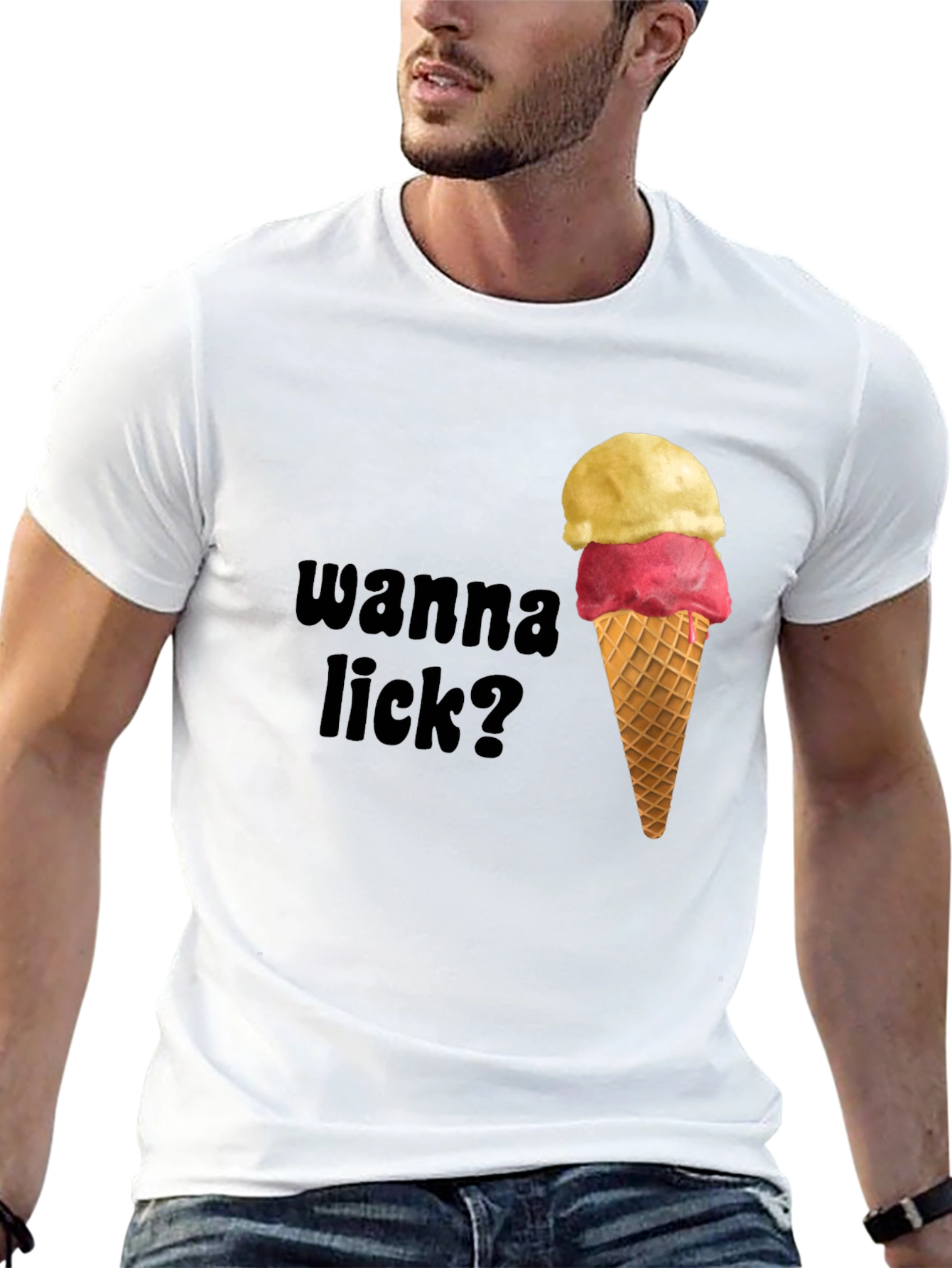 Black Ice Cream Graphic Tee - Wanna Lick? Novelty Shirt view 13