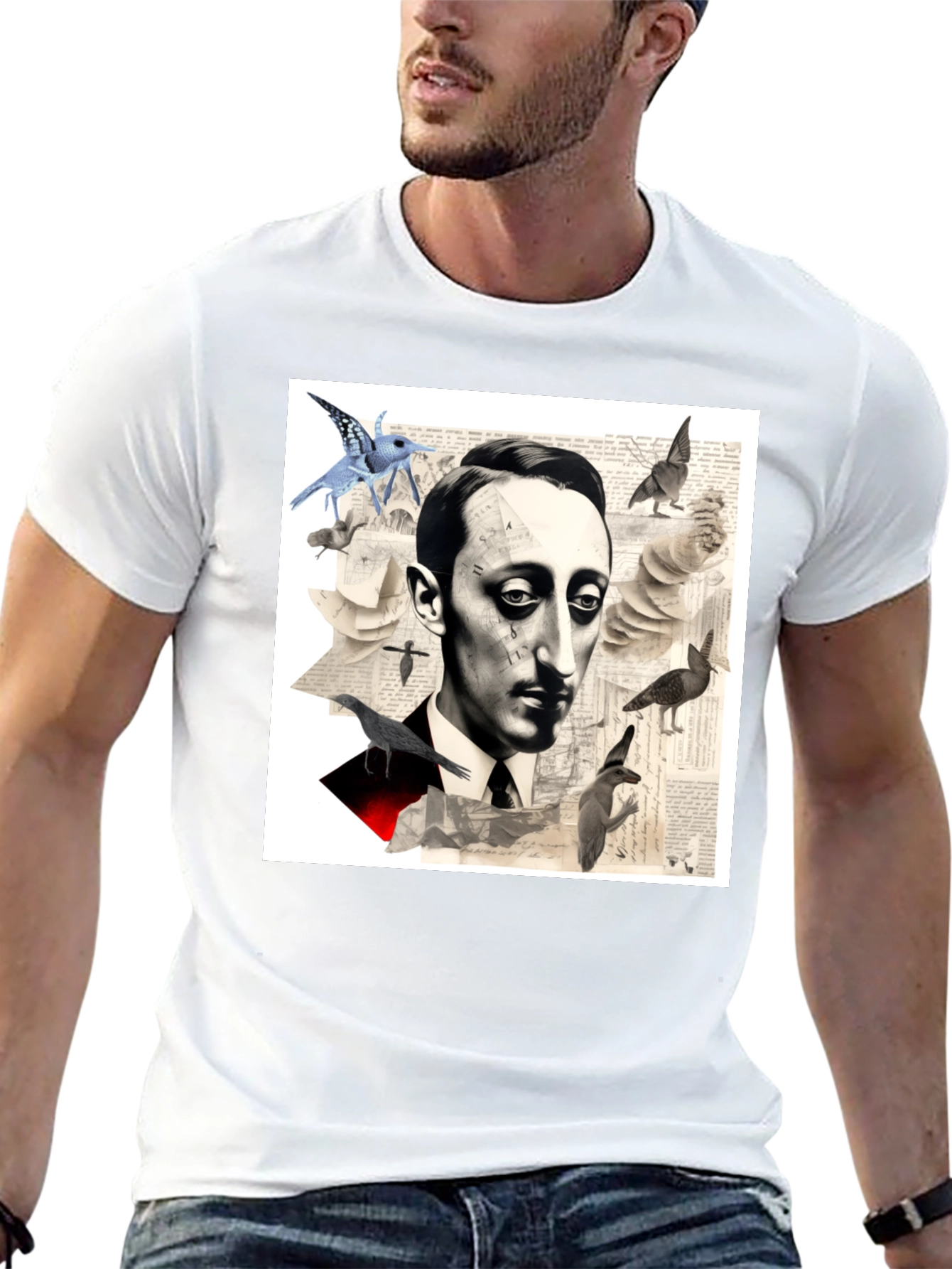 Black Surrealist Literary T-Shirt: Portrait with Birds view 13