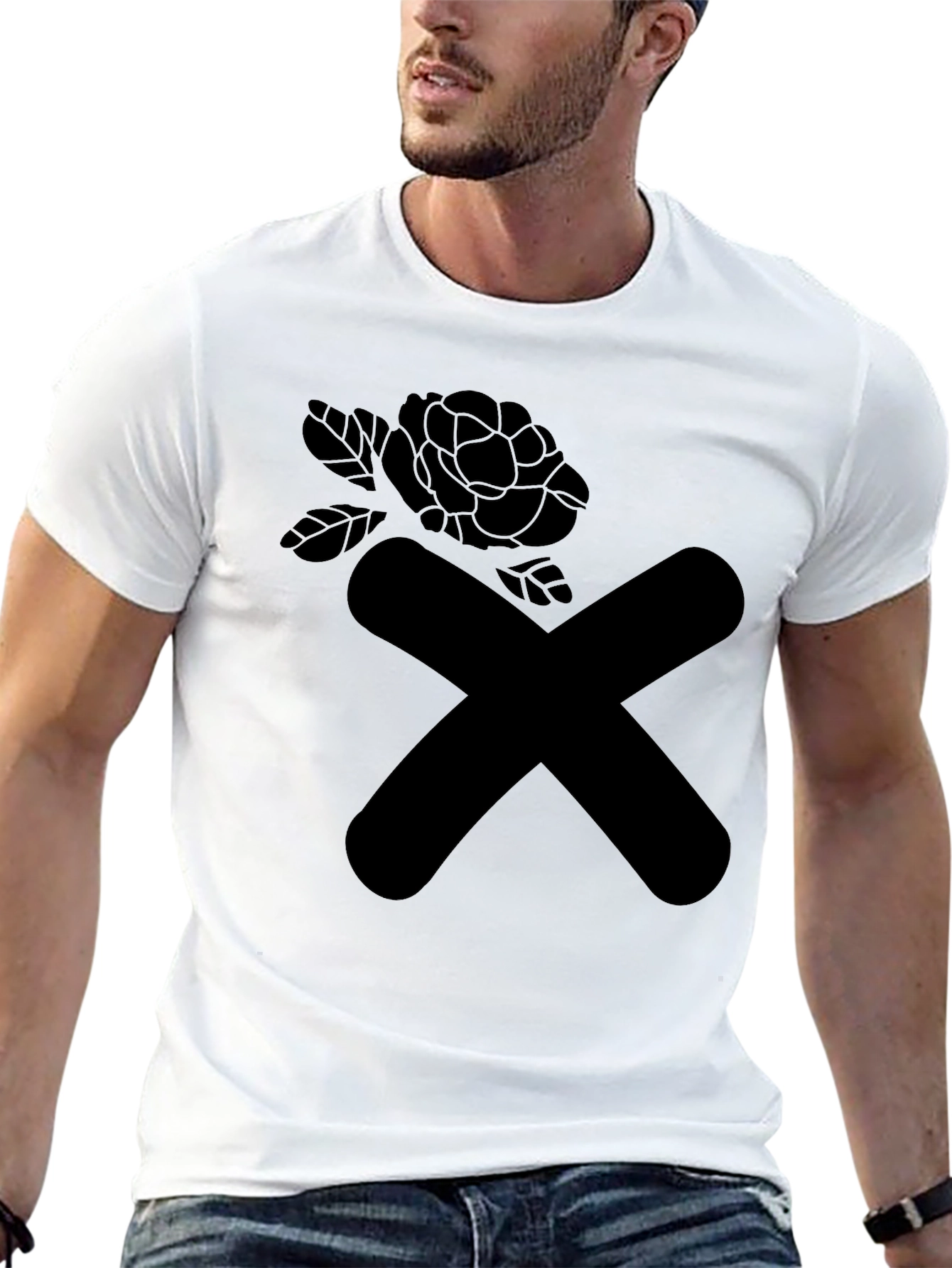 Black Modern Graphic Tee - Black X & Rose Design view 13