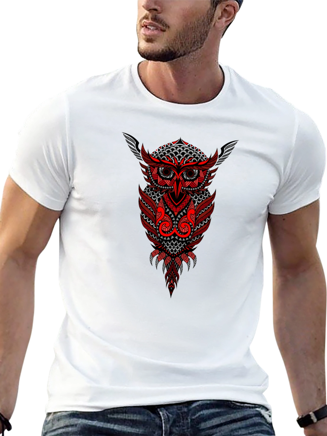 Black Owl Graphic Print Black Cotton T-Shirt view 13